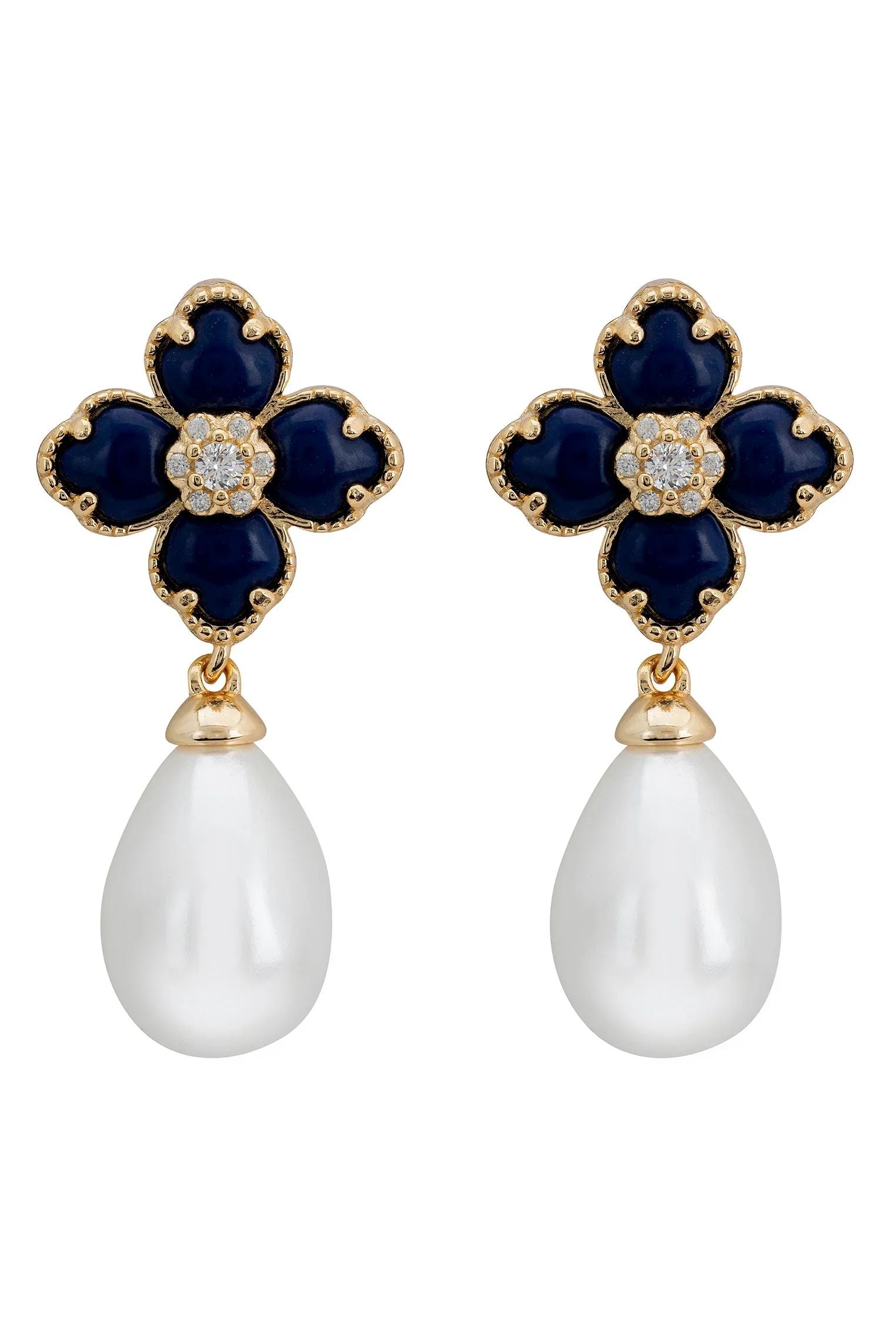 Pearl and dark blue clover gold earrings.