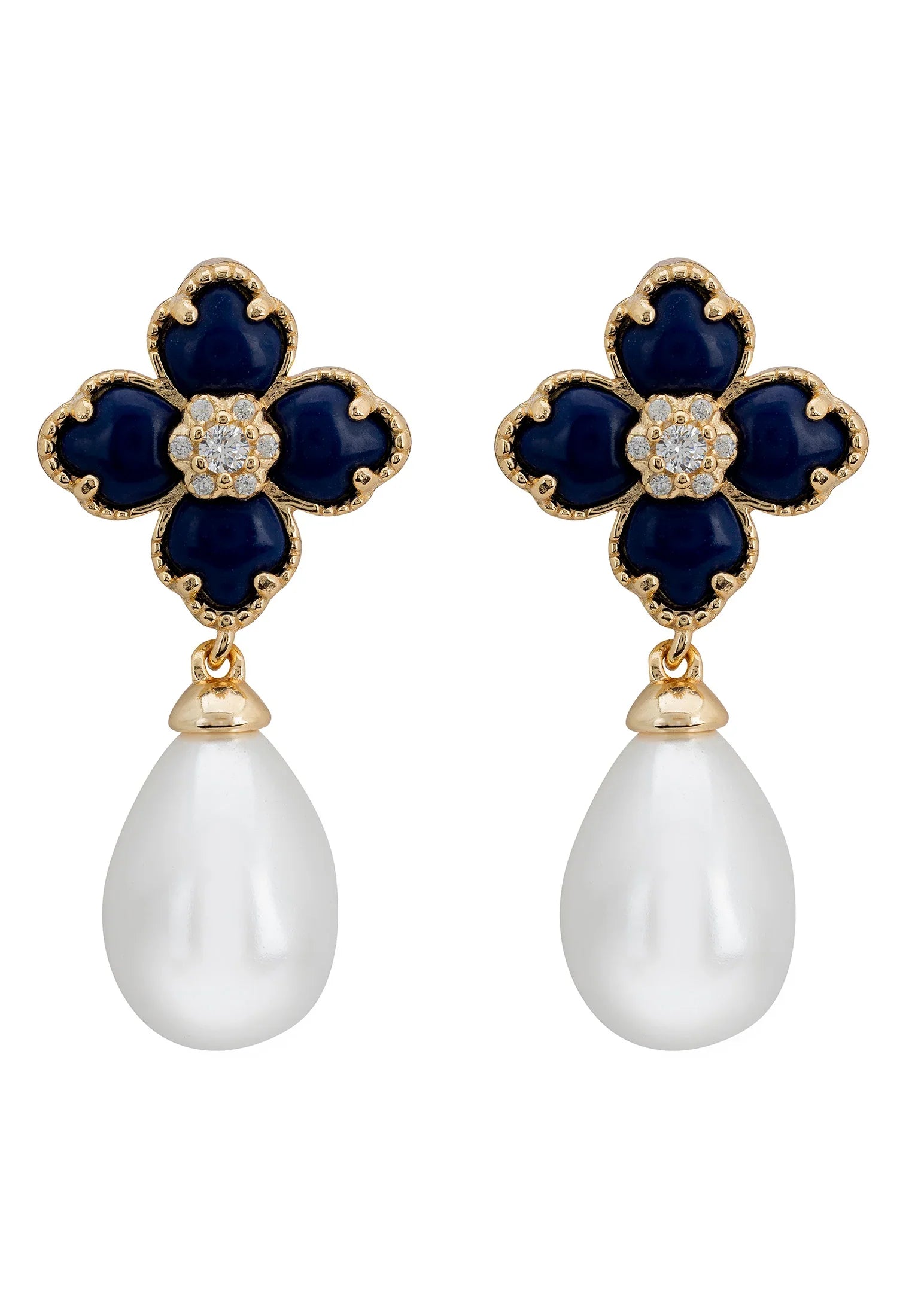 Pearl and dark blue clover gold earrings.