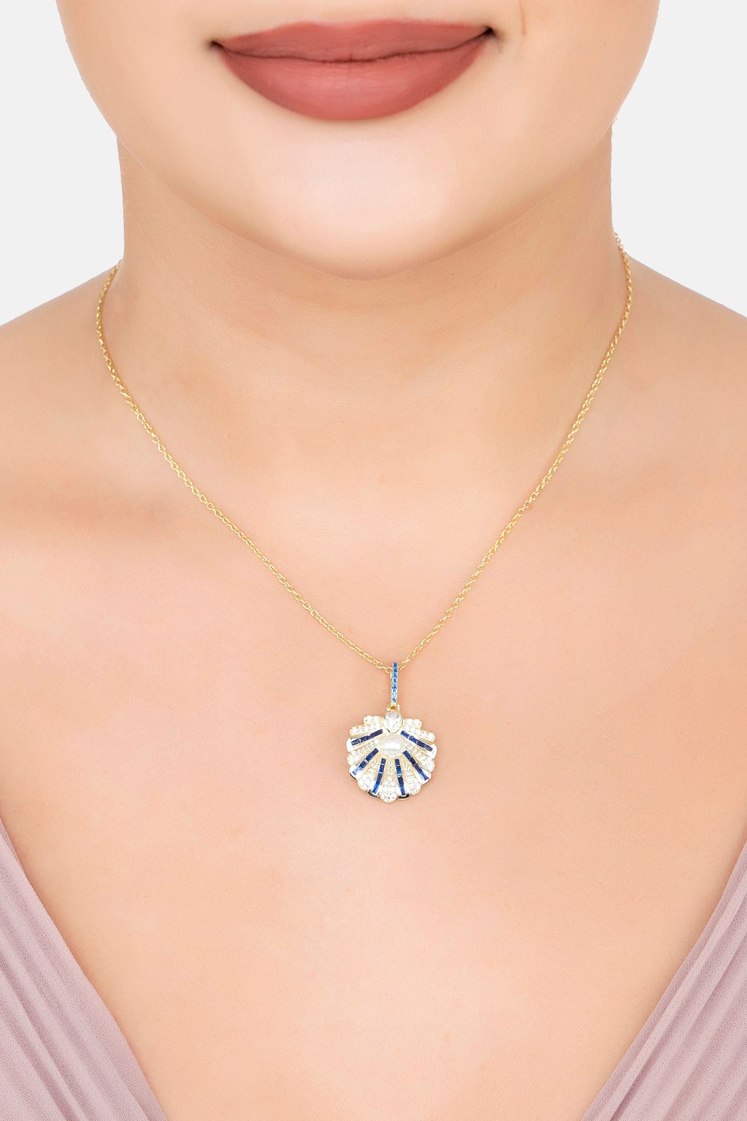 The necklace worn by a model.