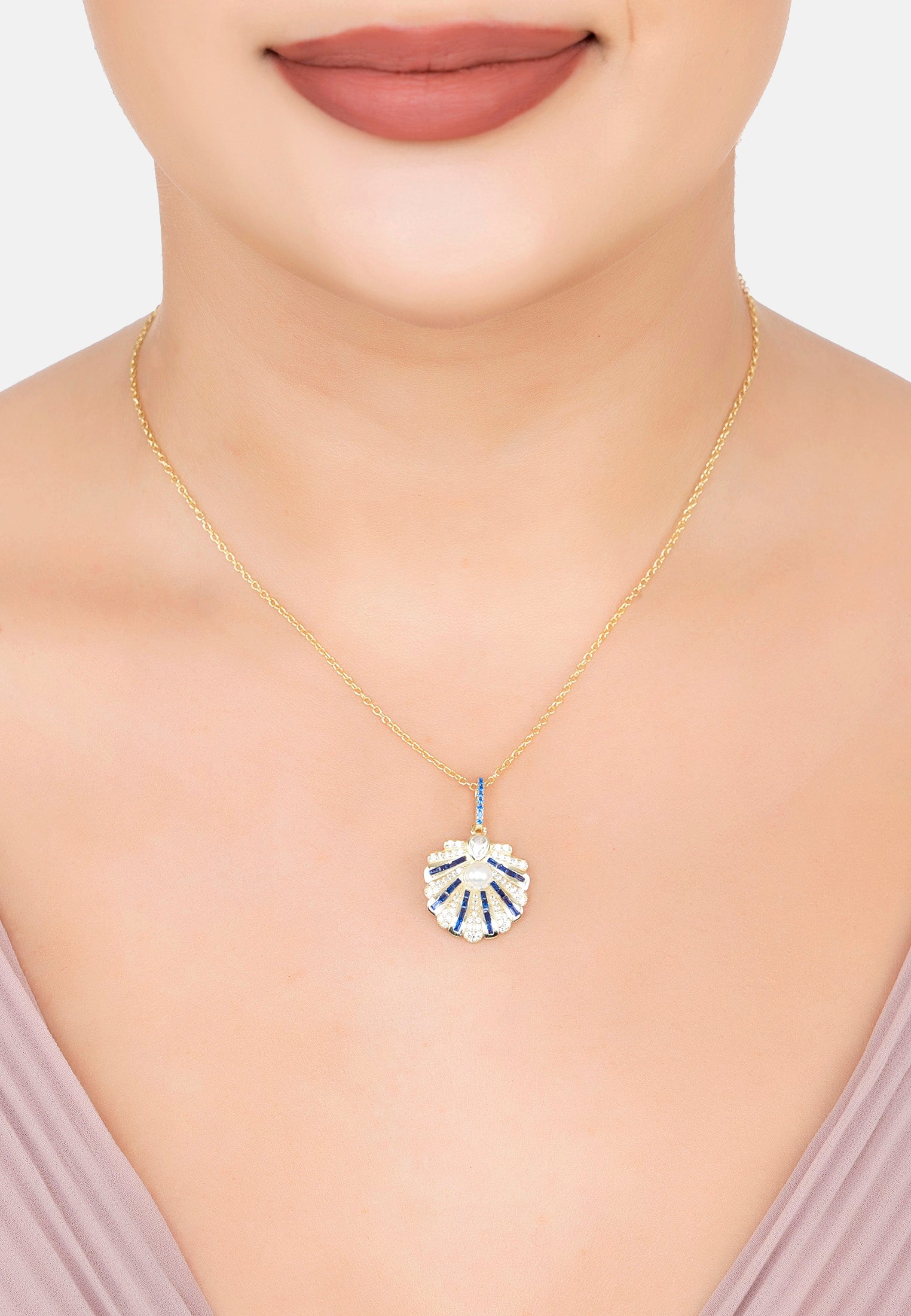 The necklace worn by a model.