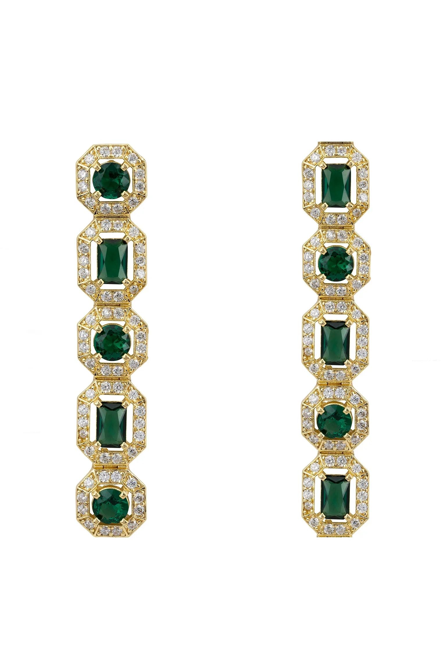 Gold and diamond halo emerald earrings.