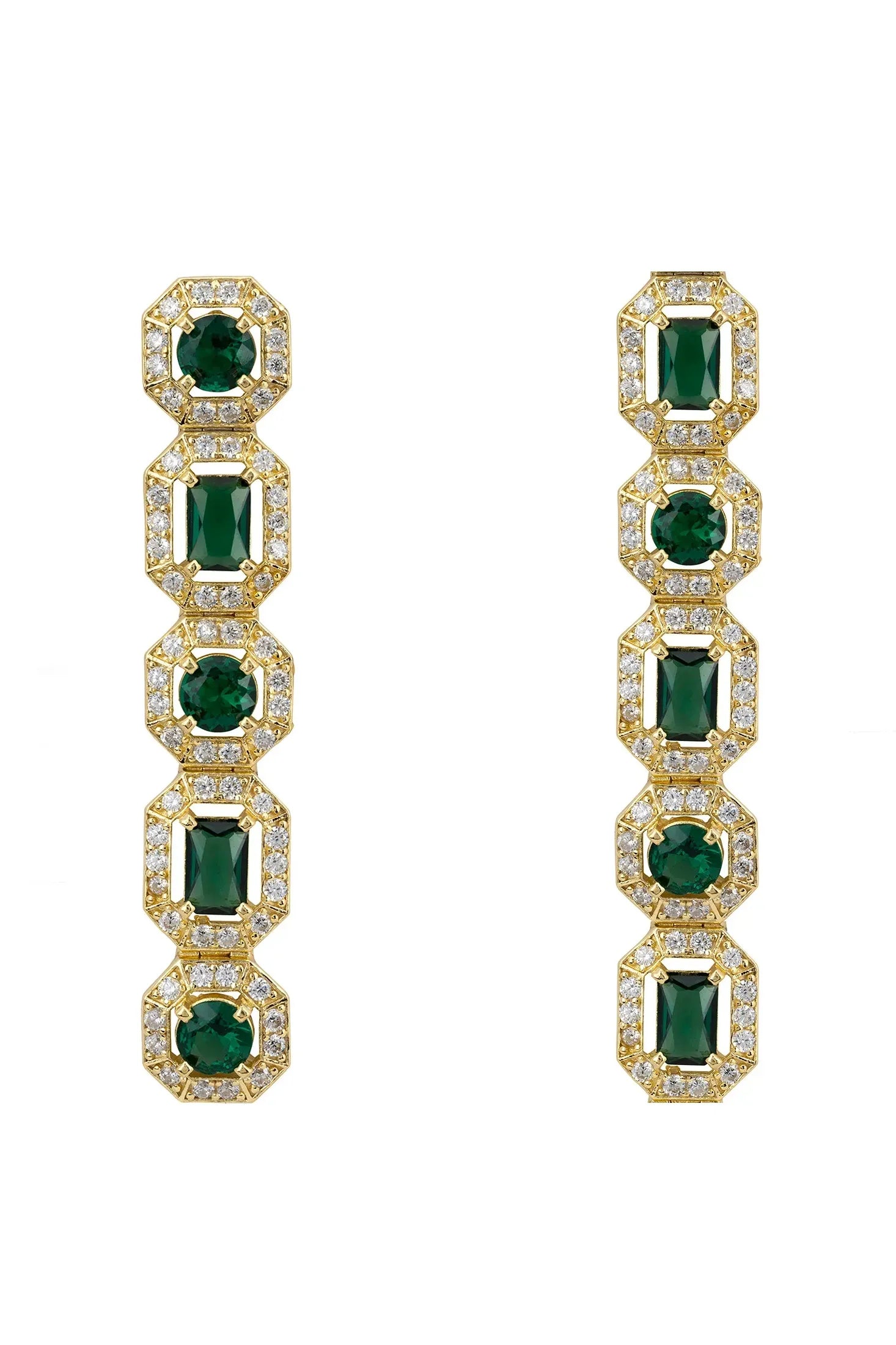 Gold and diamond halo emerald earrings.