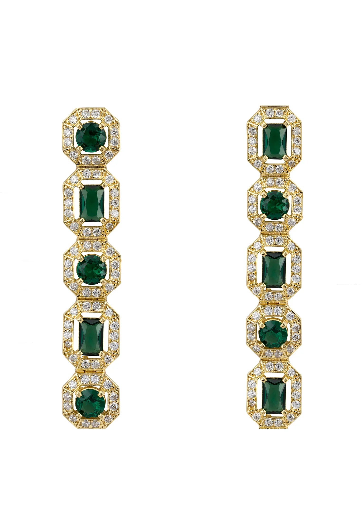 Gold and diamond halo emerald earrings.