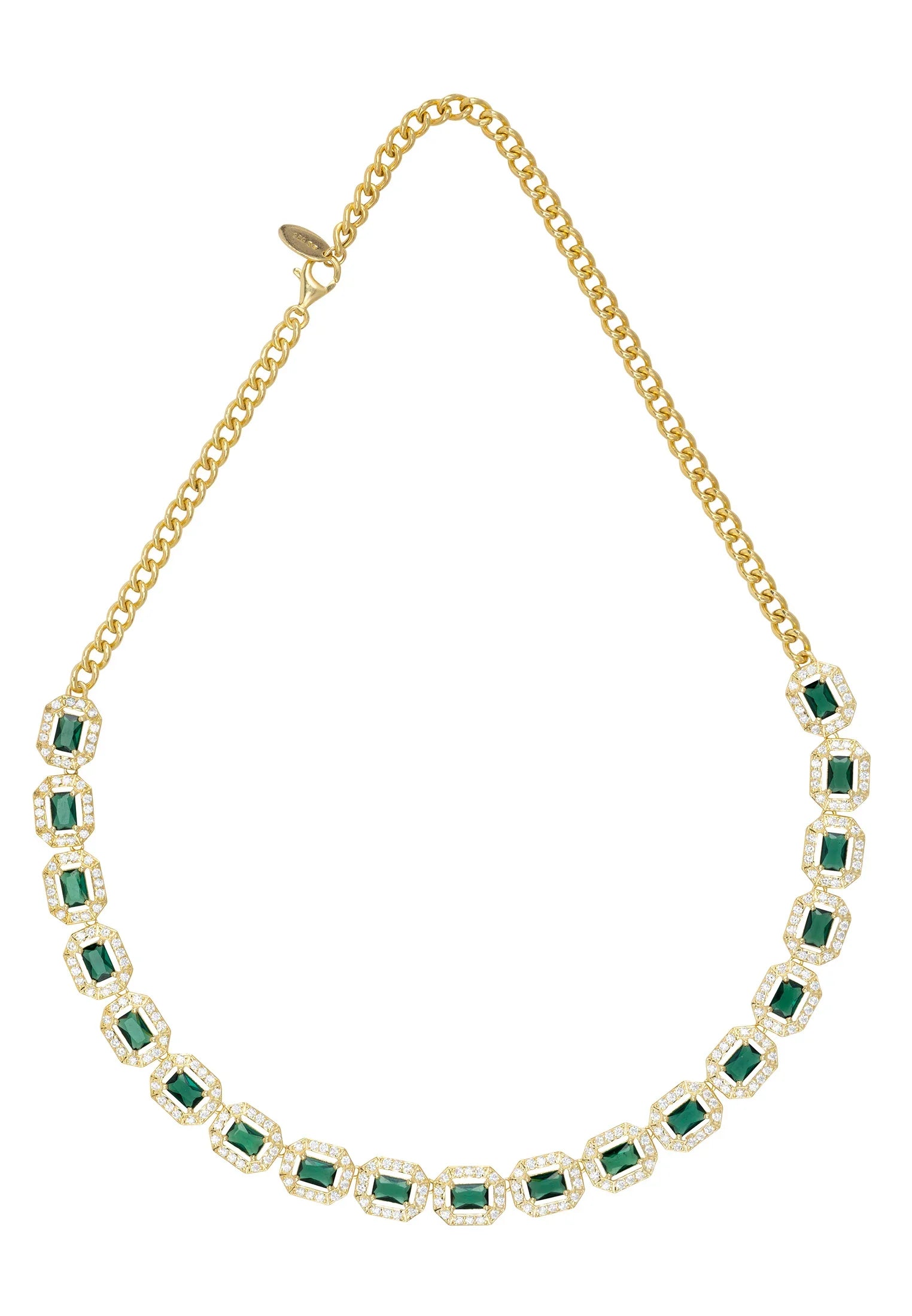 Gold and diamond halo emerald necklace.
