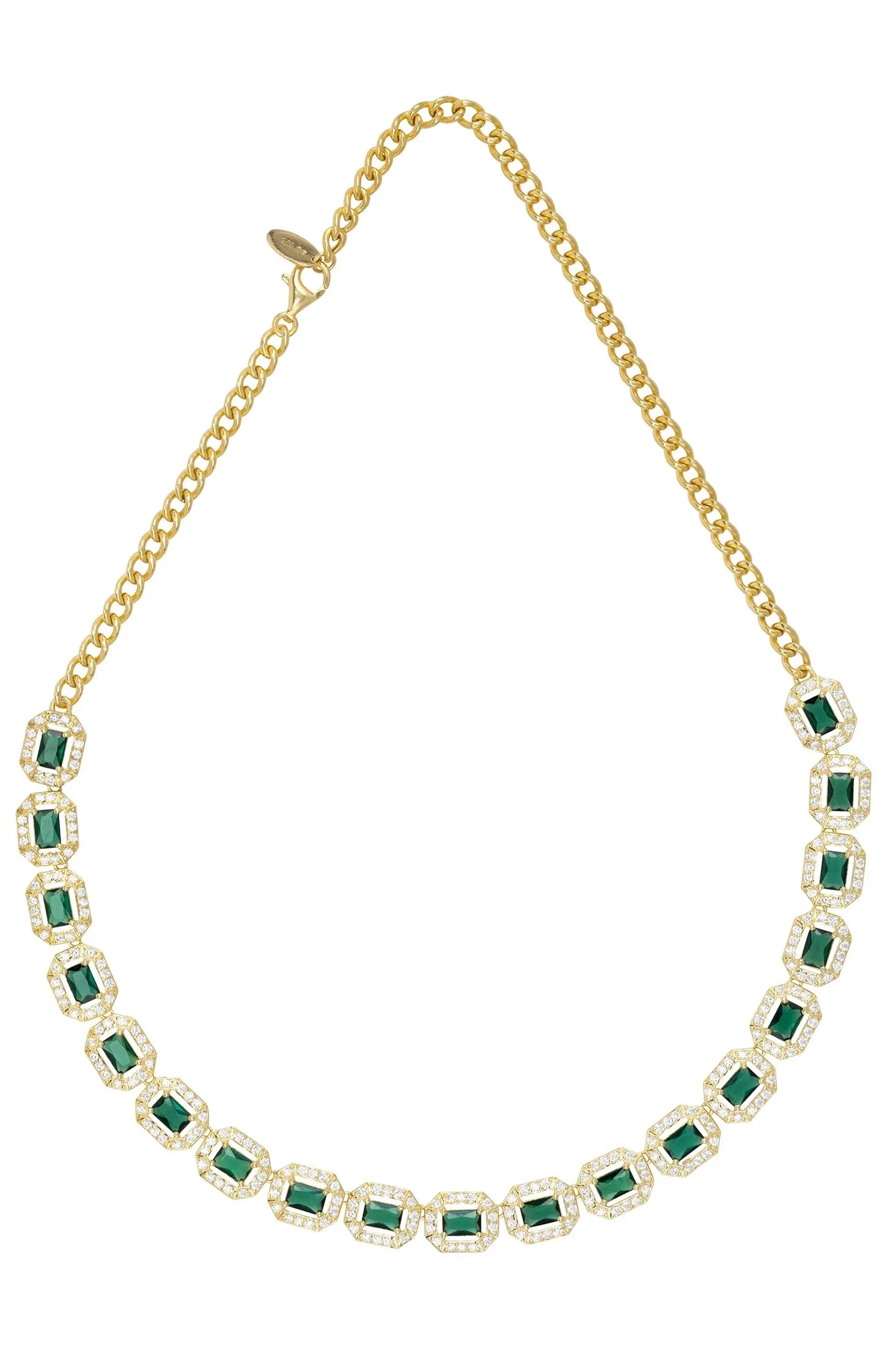 Gold and diamond halo emerald necklace.