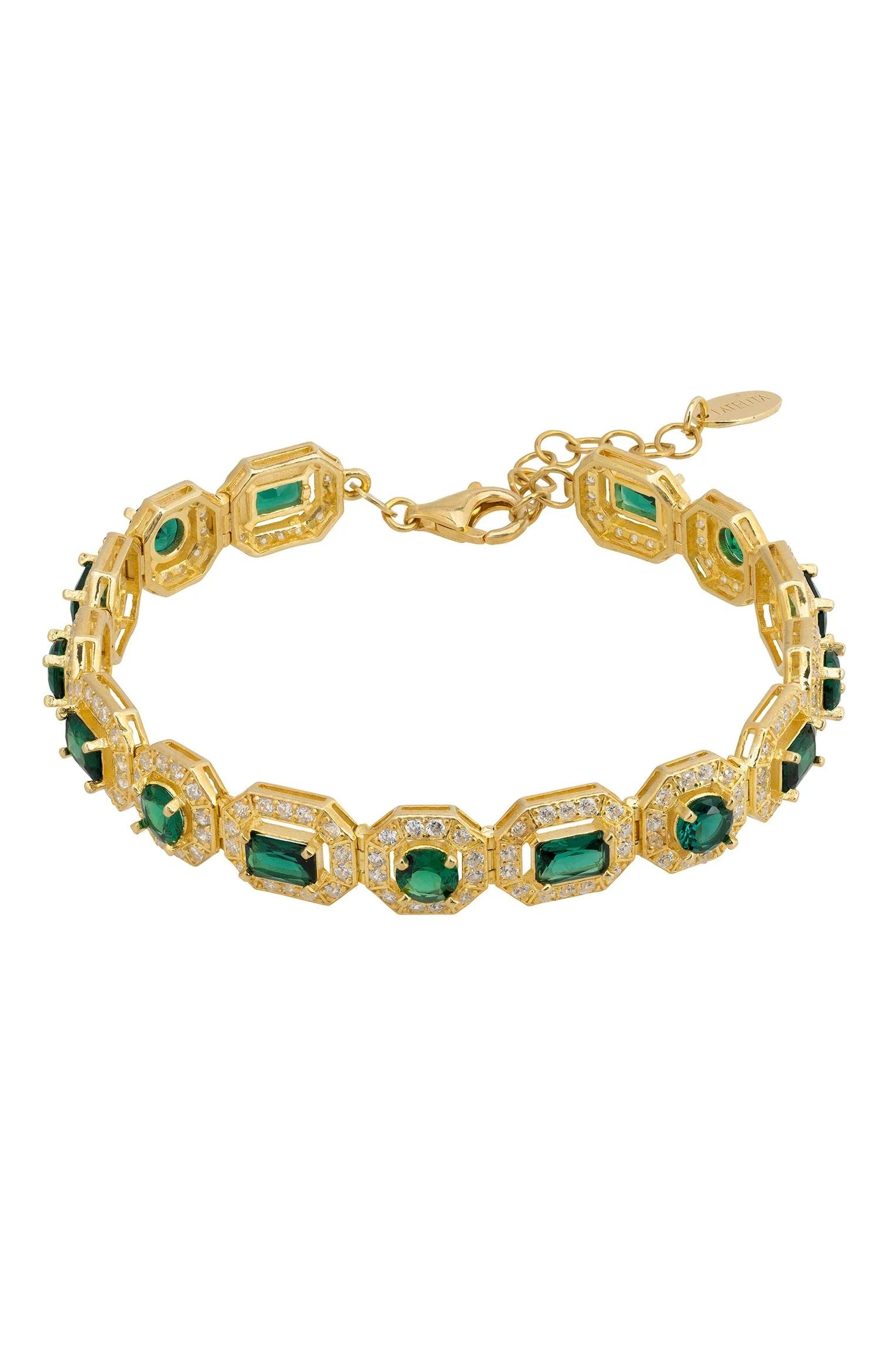 Gold and diamond halo emerald bracelet.