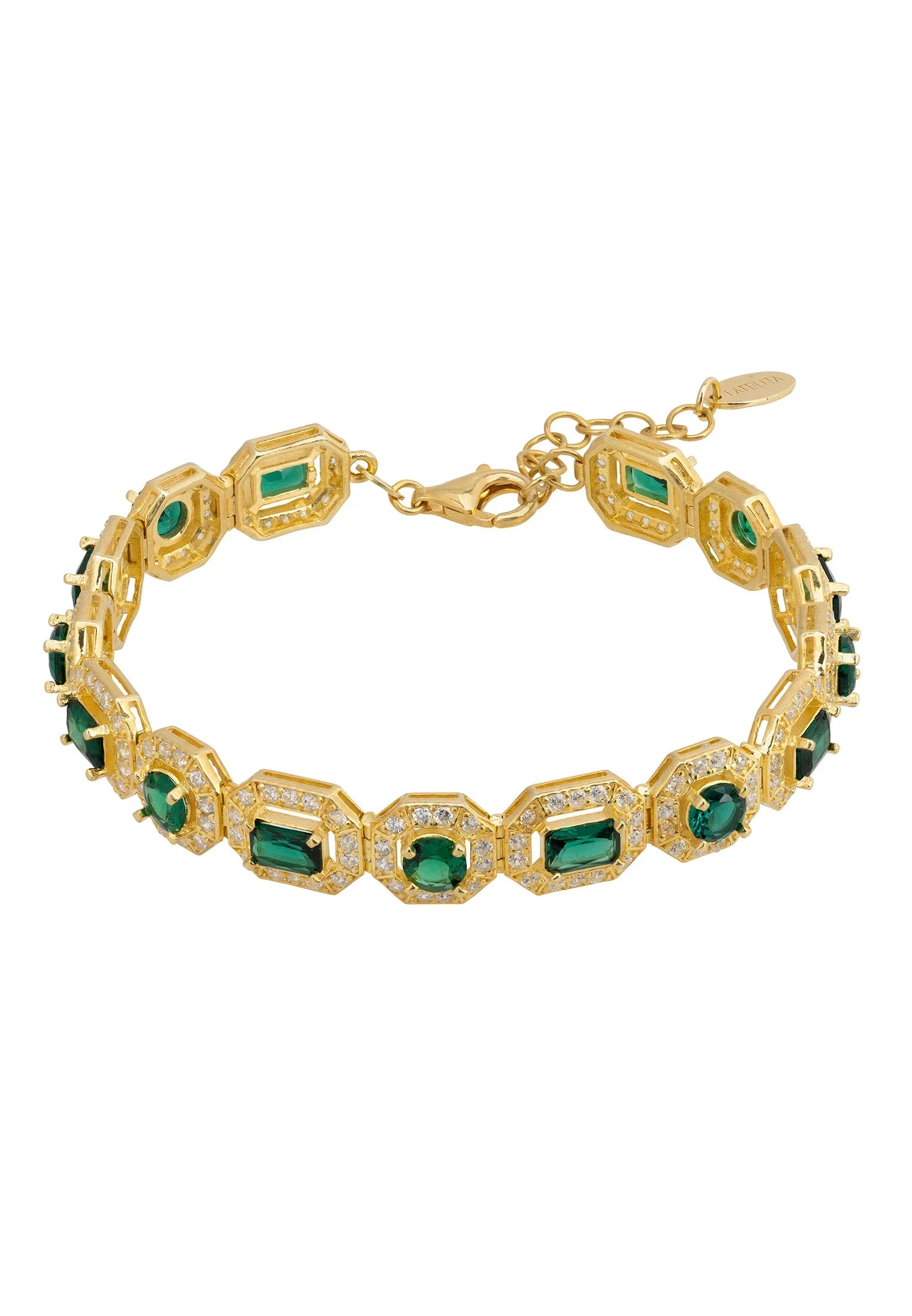 Gold and diamond halo emerald bracelet.