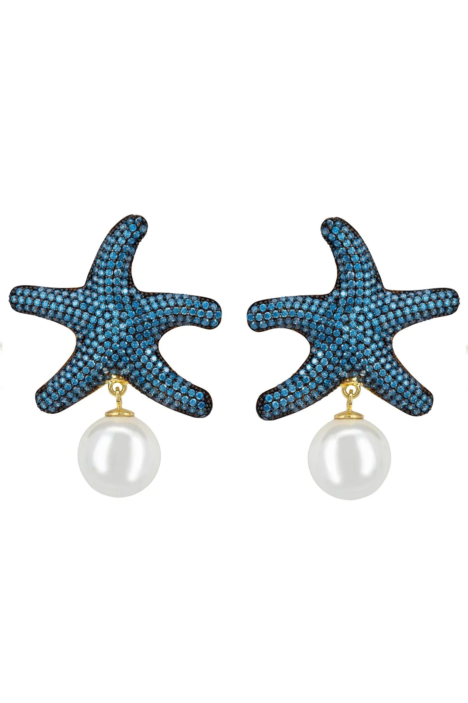 Pearl and blue starfish earrings.