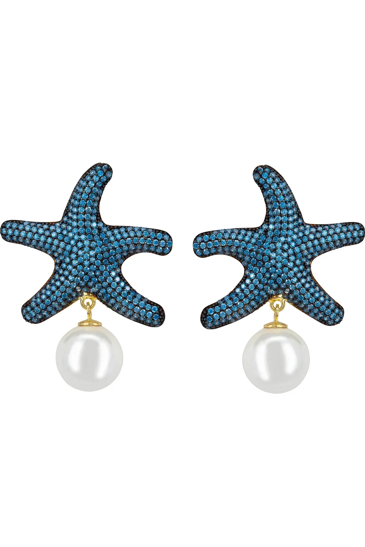 Pearl and blue starfish earrings.