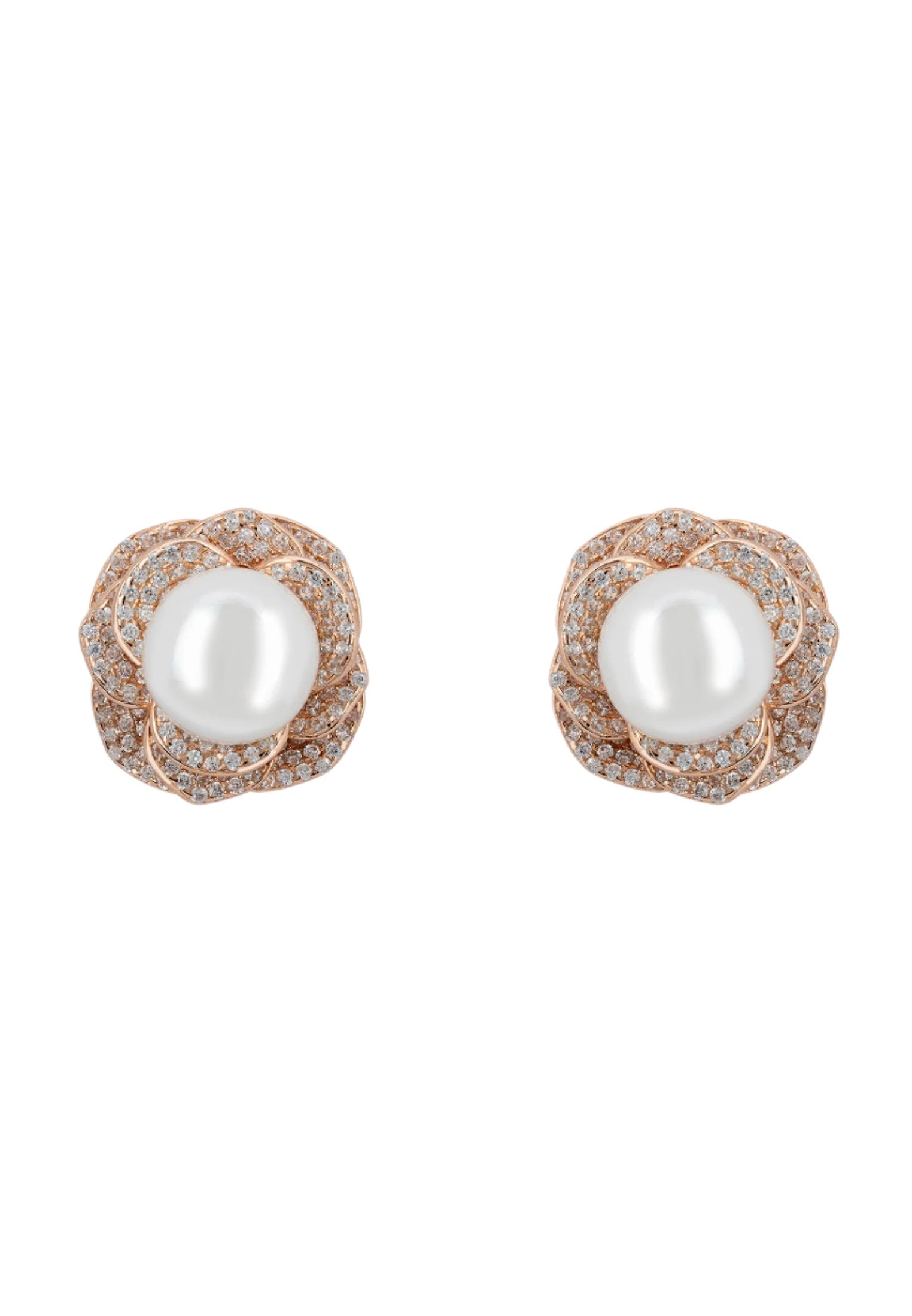 Rose gold petals and pearl stud earrings.