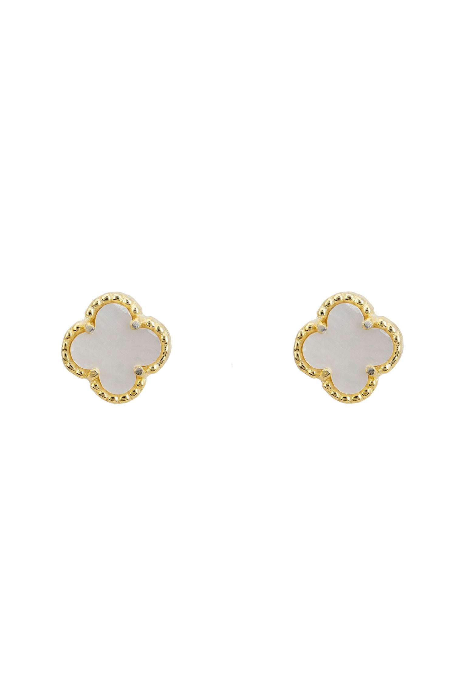 Gold framed pearl clover stud earrings.