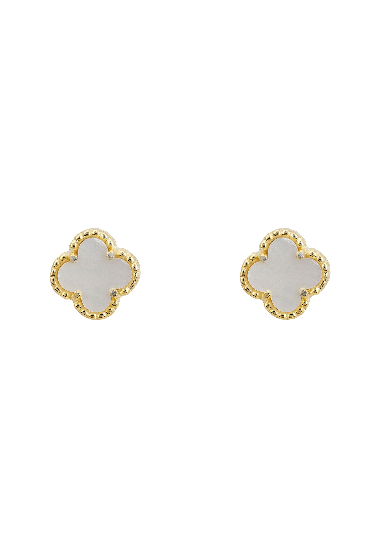 Gold framed pearl clover stud earrings.