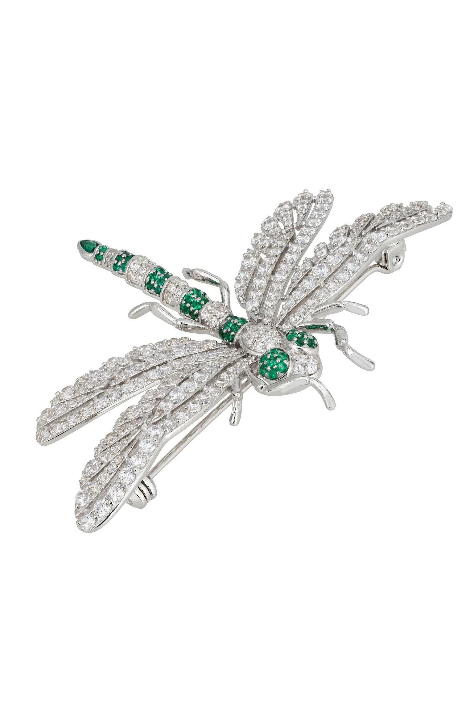 Emerald and silver dragonfly brooch.