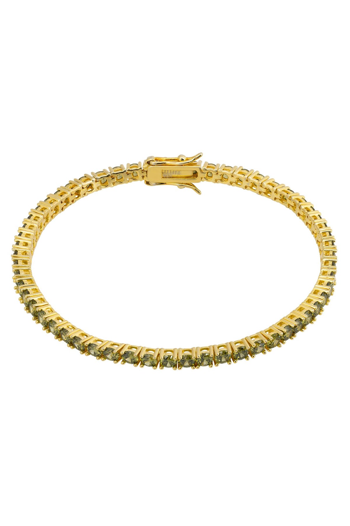 Green gemstone gold tennis bracelet.