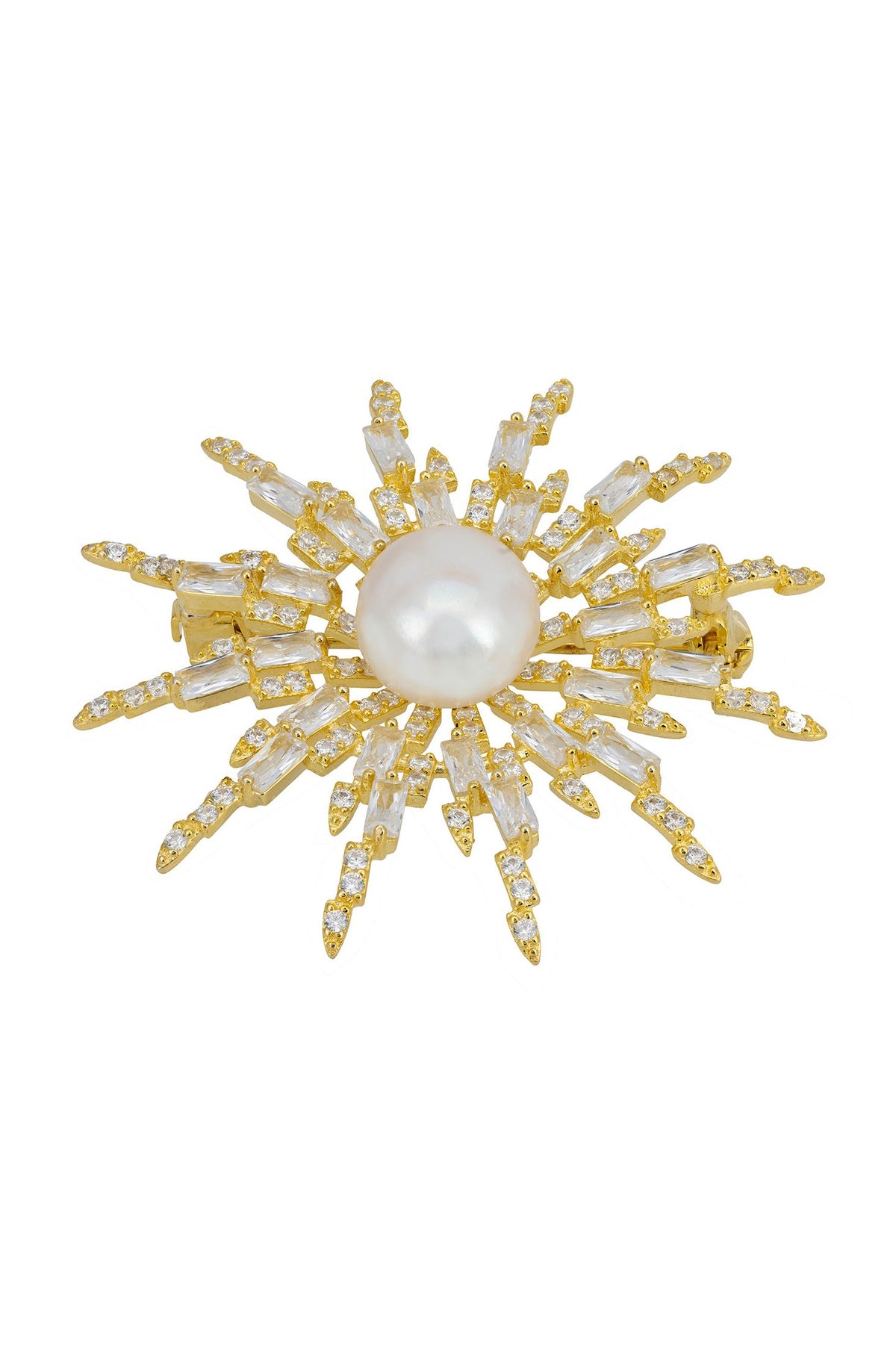 Pearl, diamond and gold sun brooch.