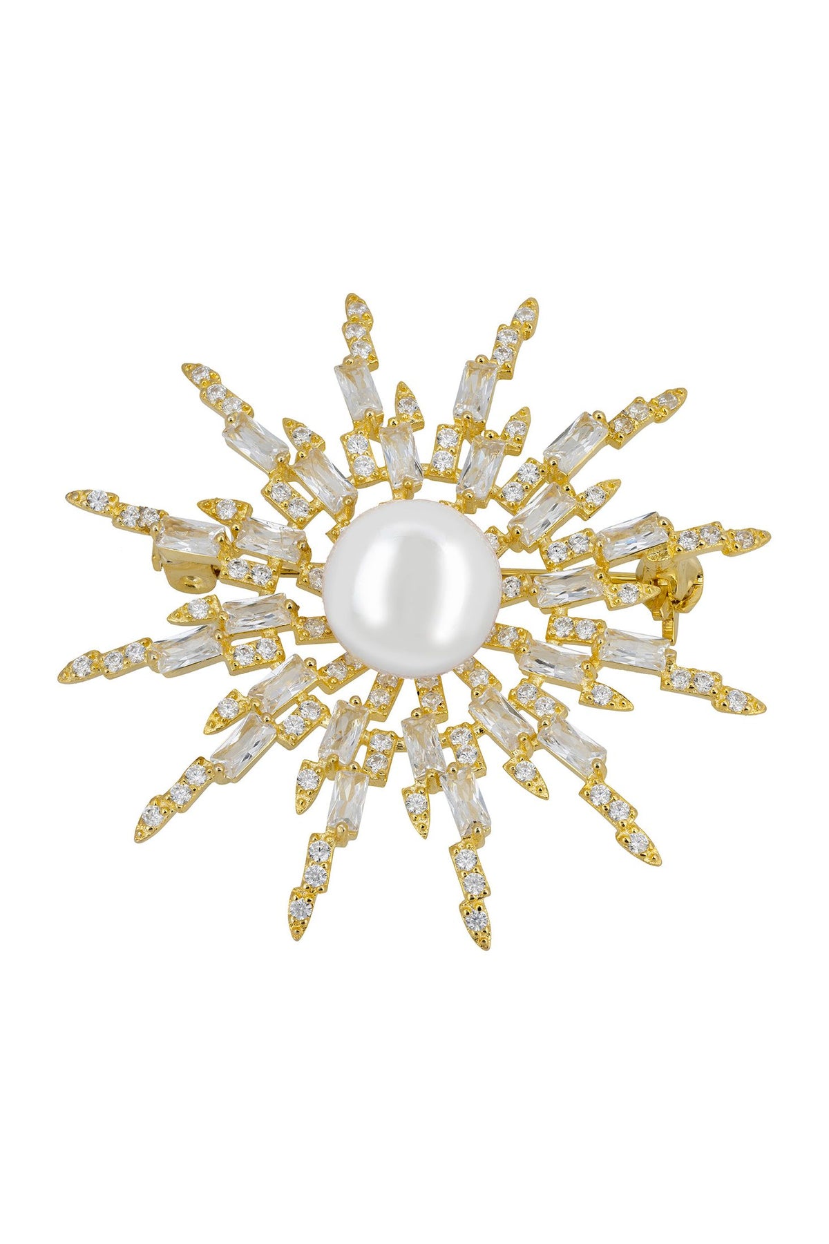 Pearl, diamond and gold sun brooch.