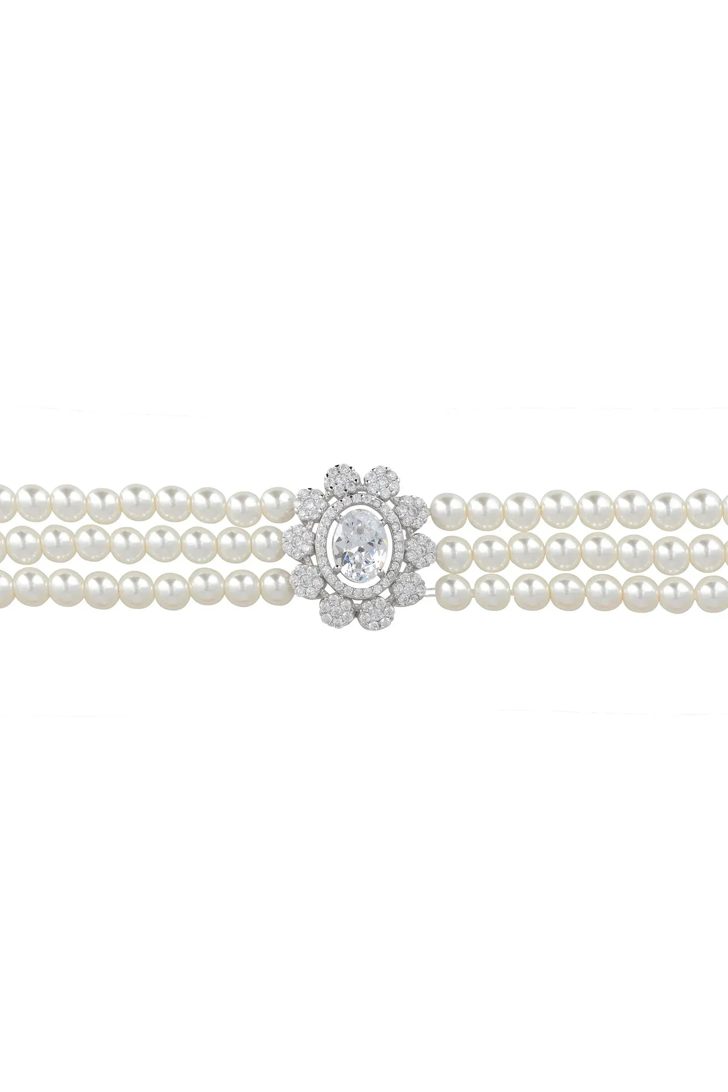 Diamond centerpiece multi-strand pearl bracelet.