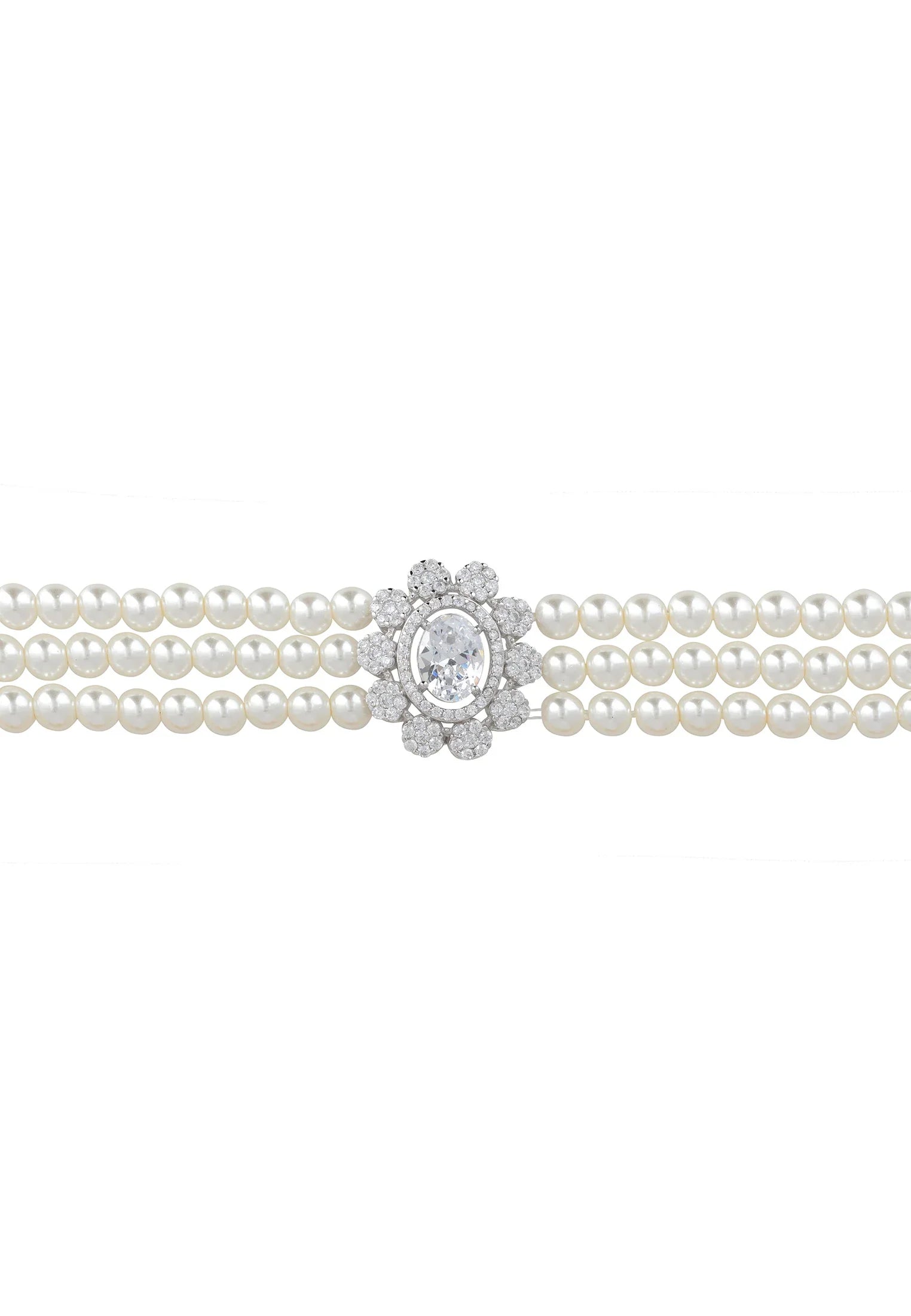 Diamond centerpiece multi-strand pearl bracelet.