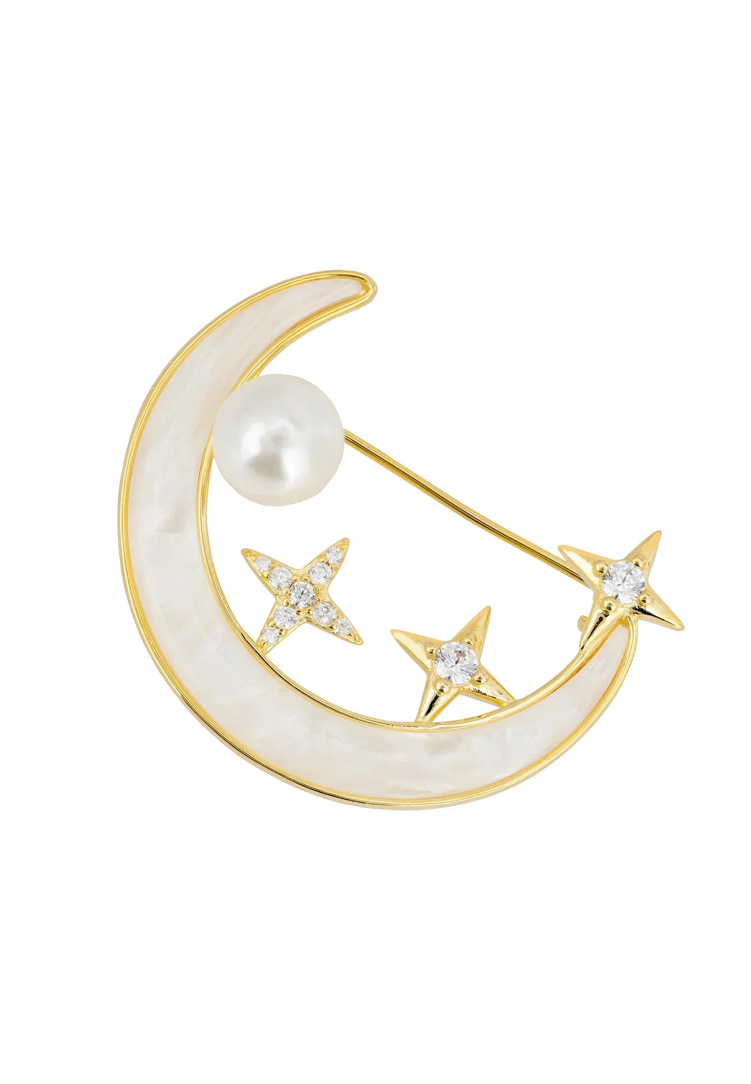 Pearl, stars and crescent moon gold brooch.
