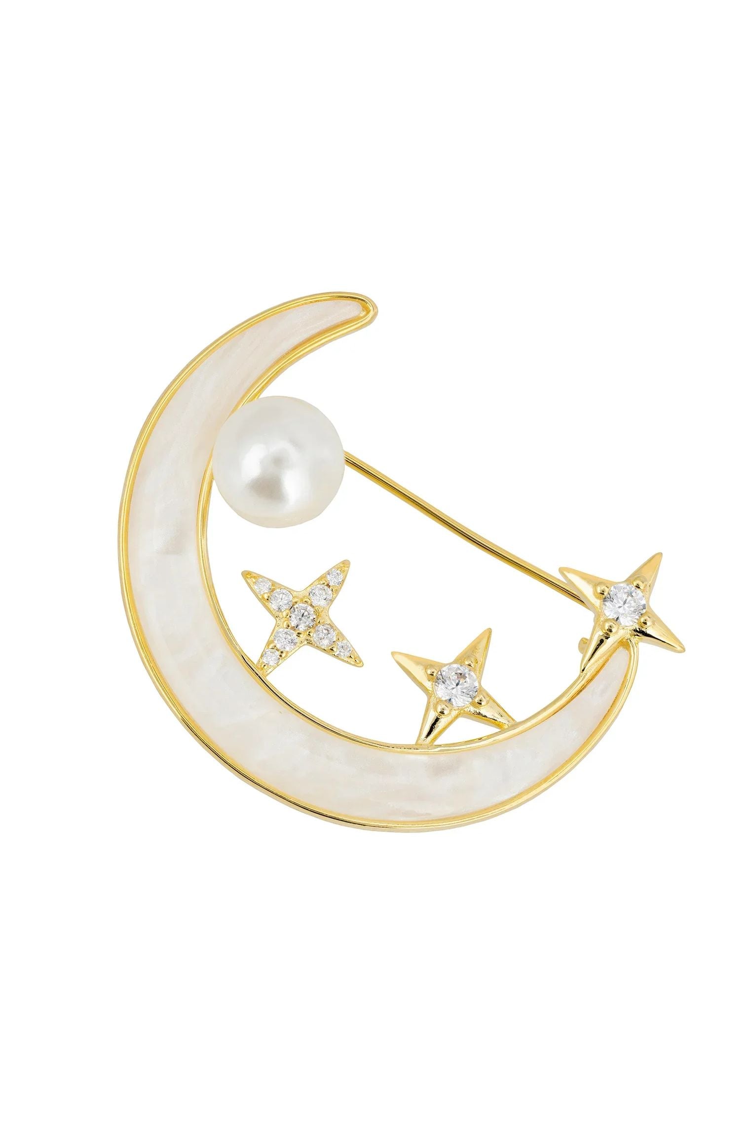 Pearl, stars and crescent moon gold brooch.