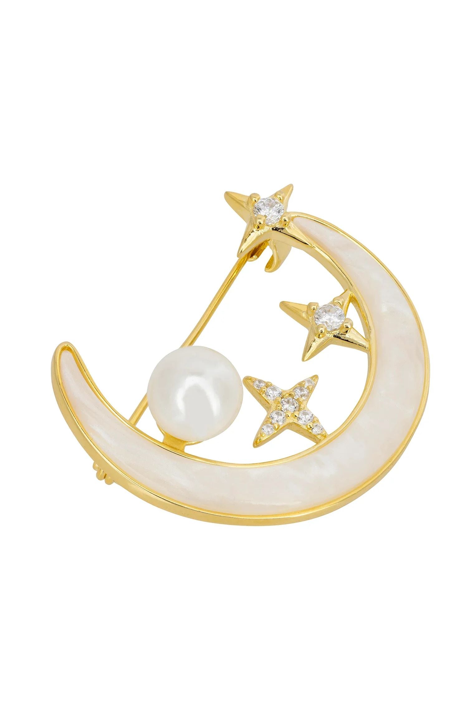 Pearl, stars and crescent moon gold brooch.