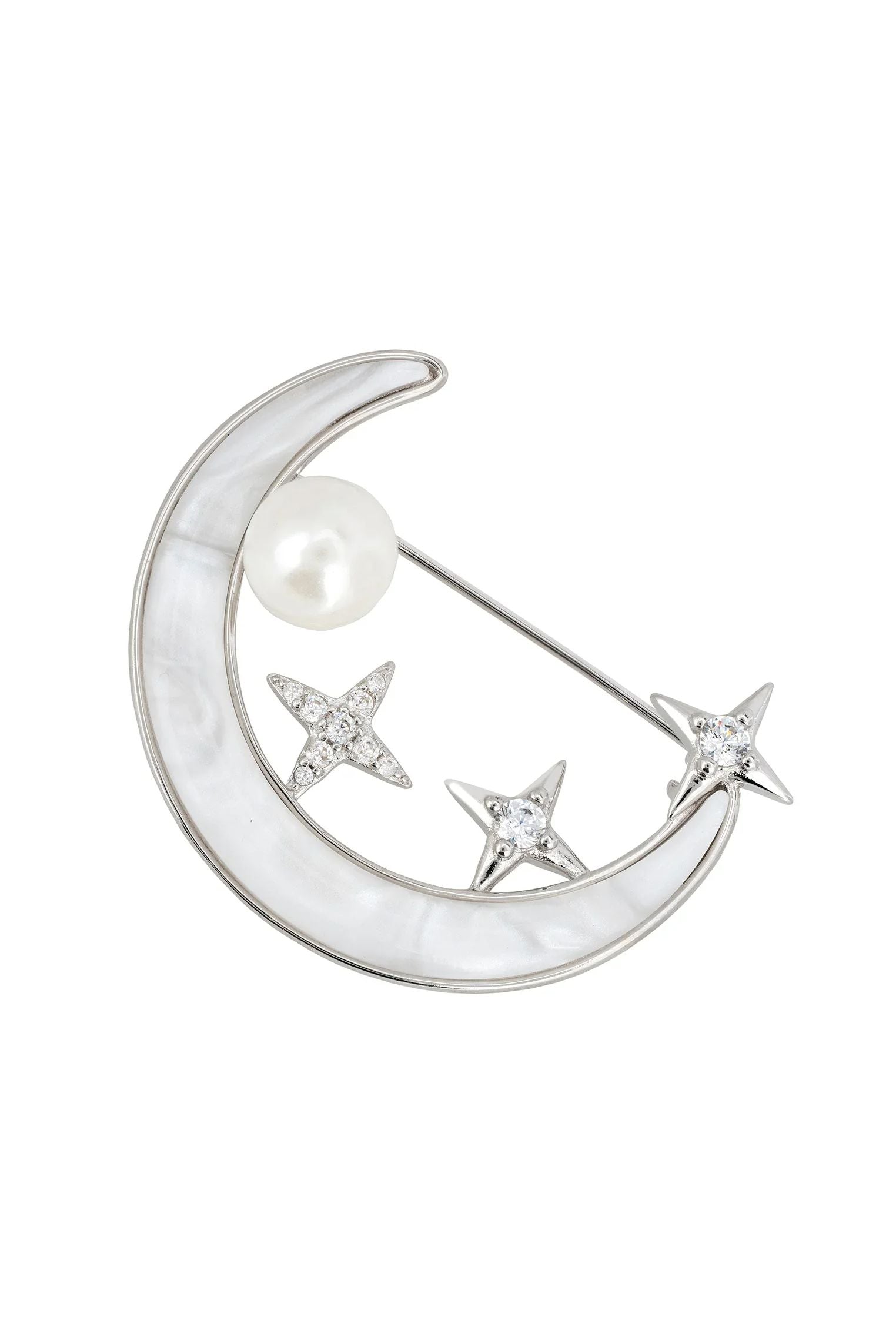 Pearl, stars and crescent moon silver brooch.