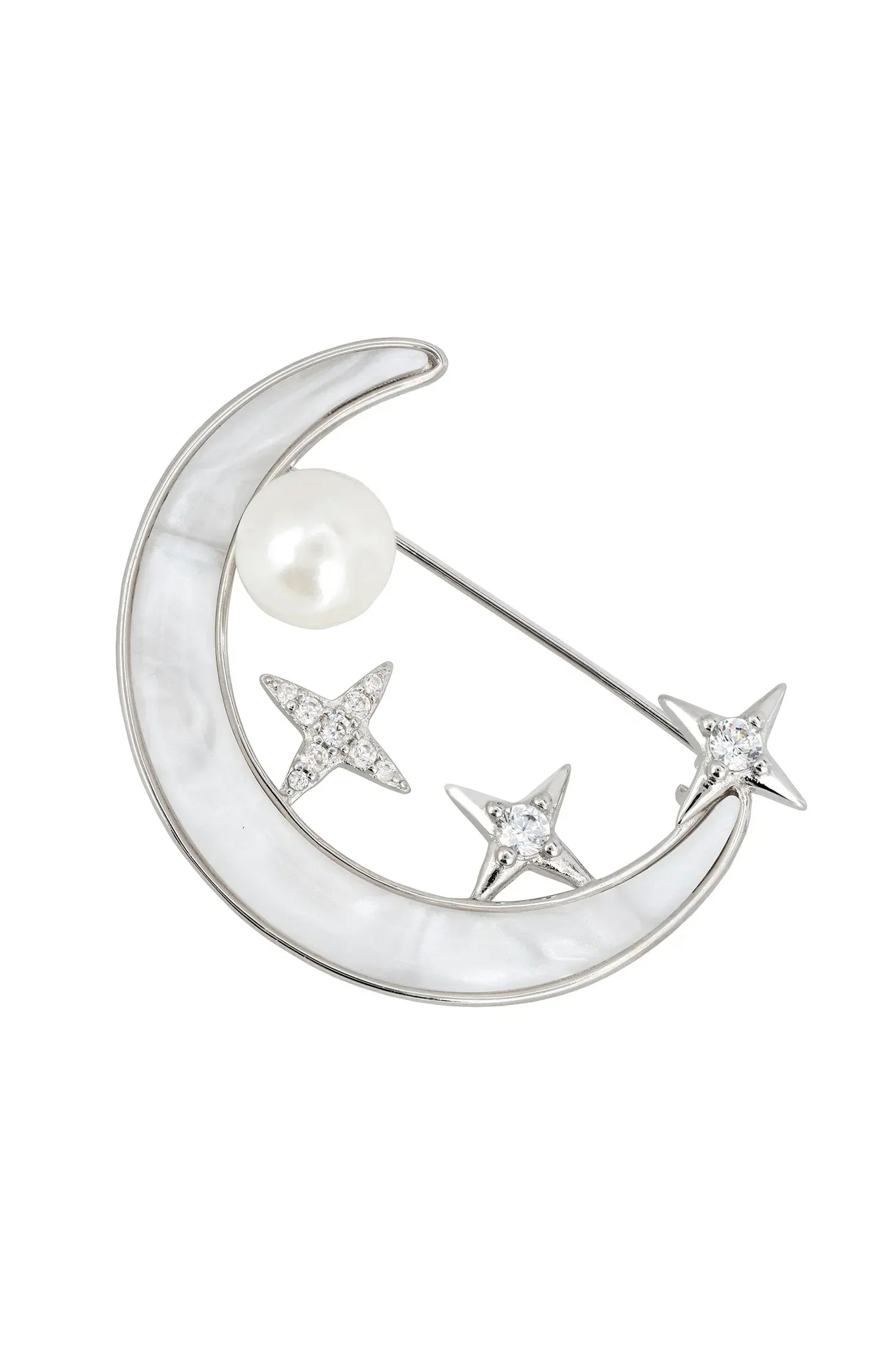 Pearl, stars and crescent moon silver brooch.