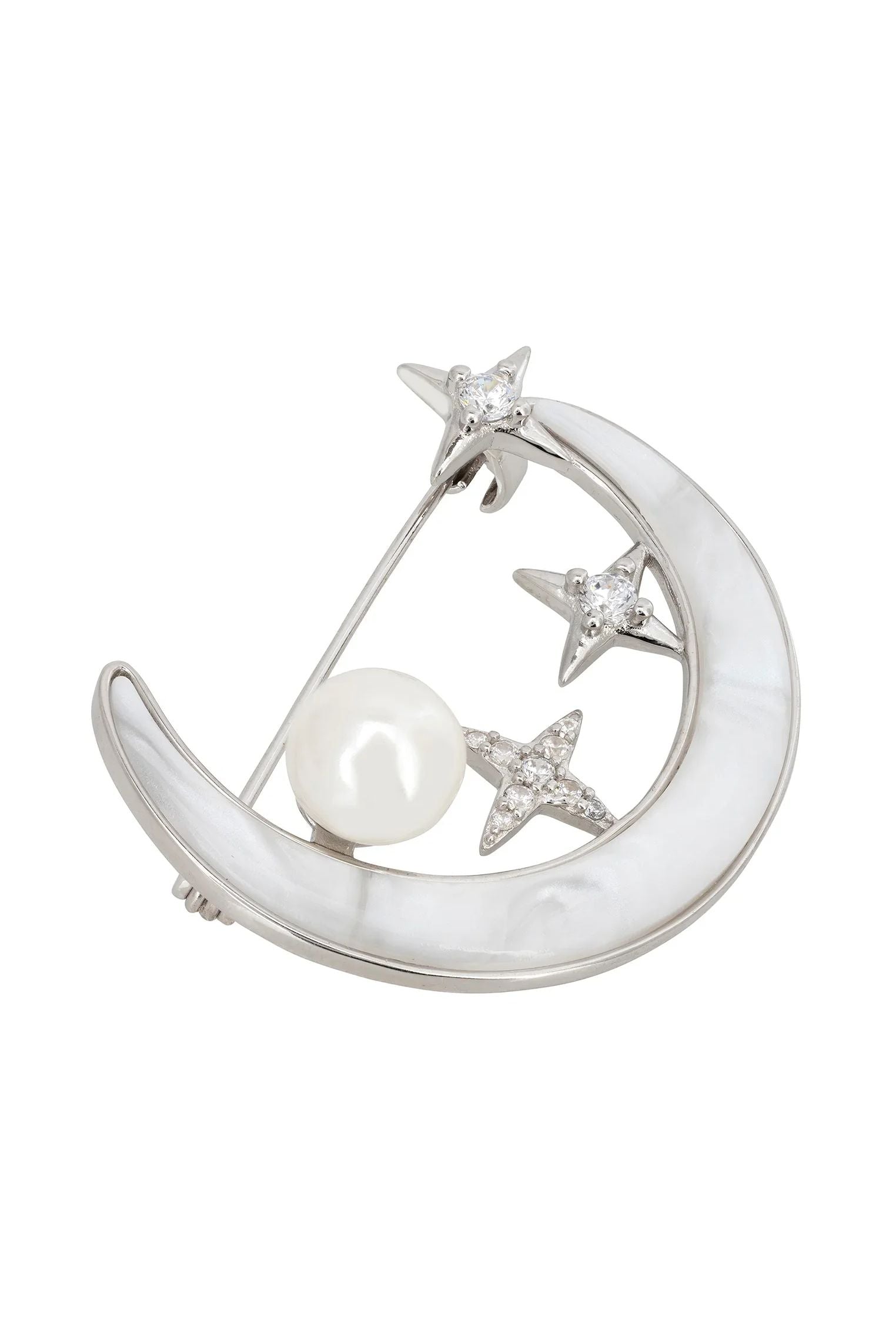 Pearl, stars and crescent moon silver brooch.