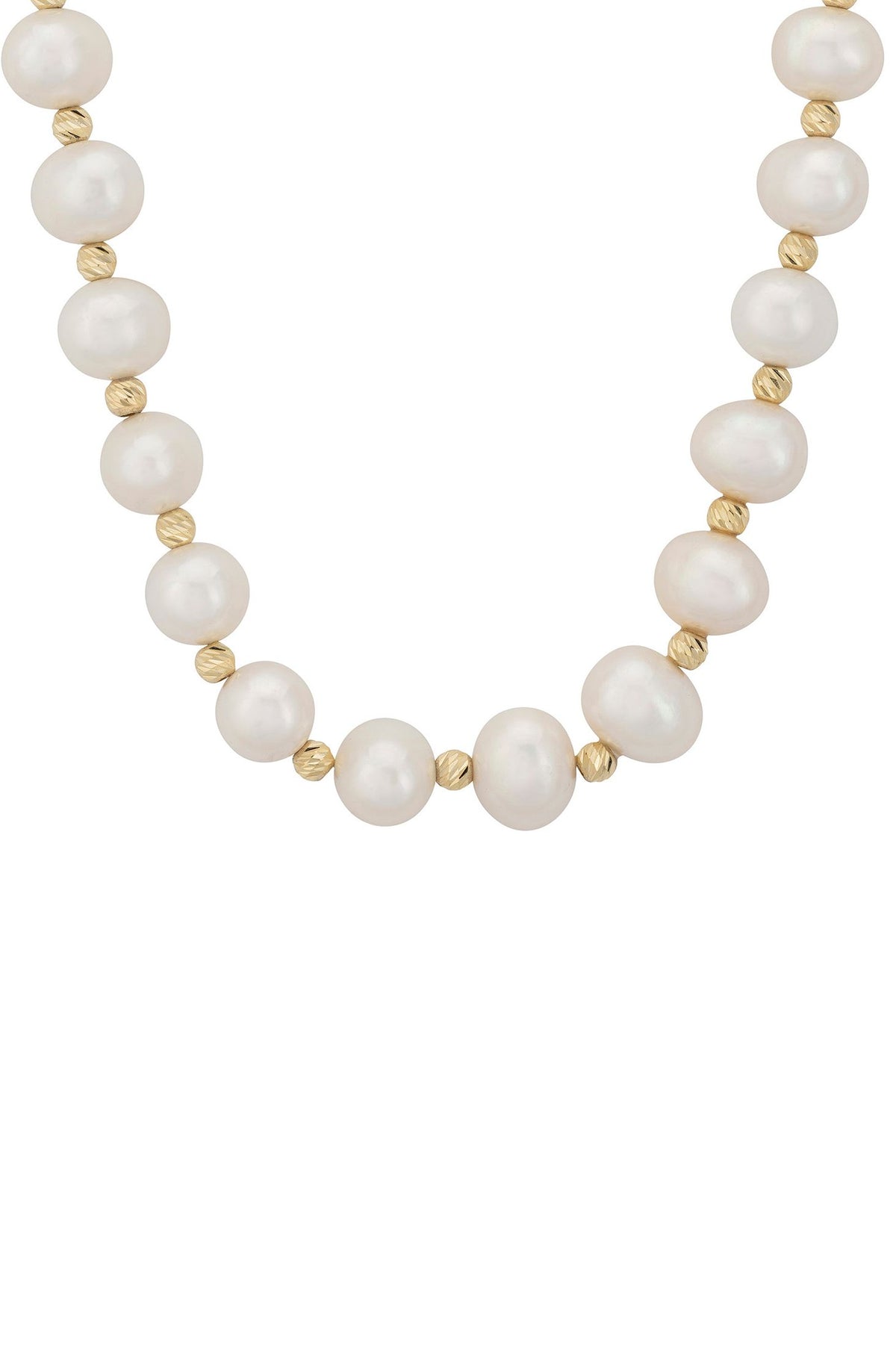 Angled view of Solid 14K Gold Classic Natural Pearl Necklace, showing pearl detailing, gold finish and the jewellery profile.