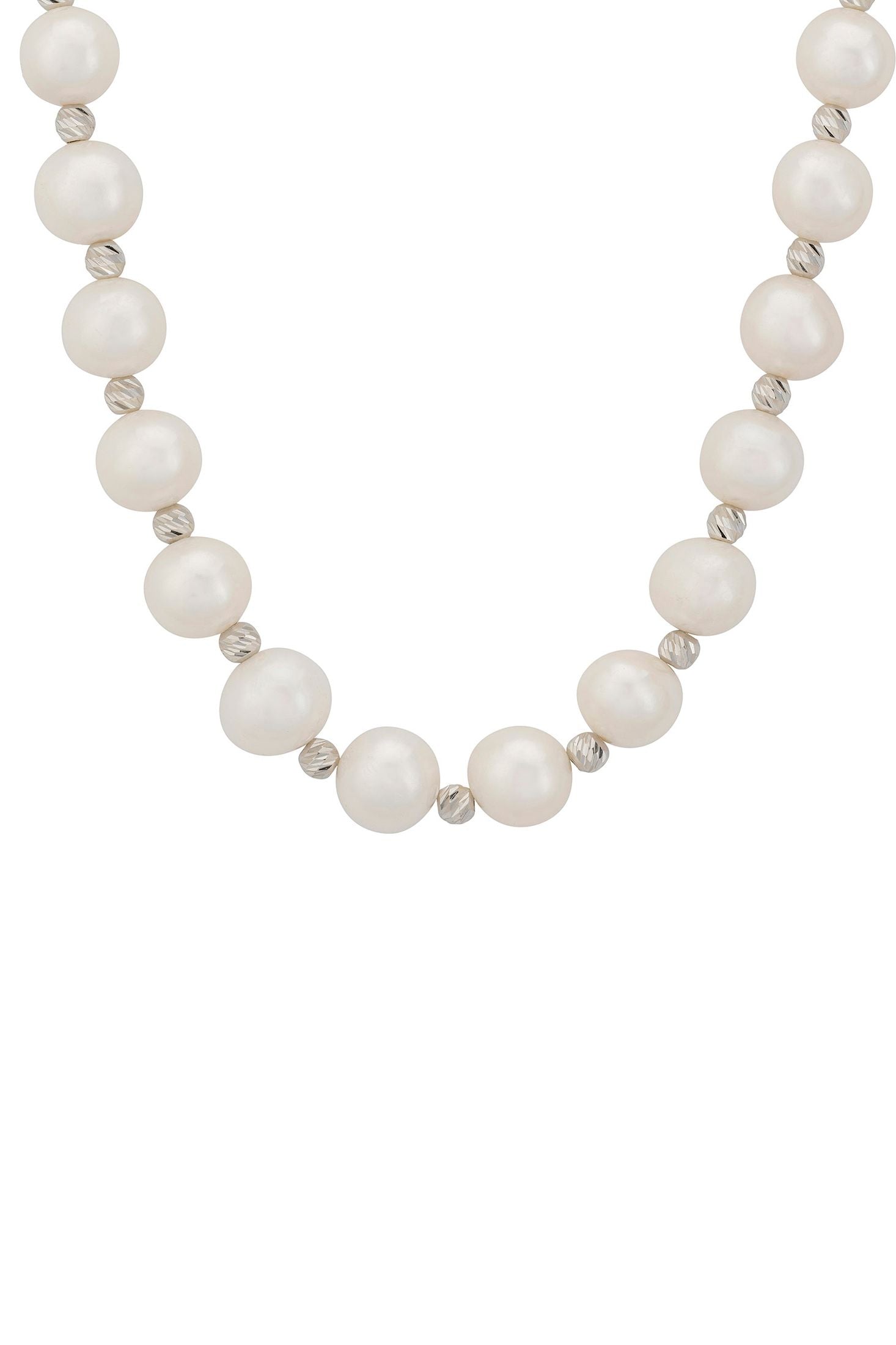 Angled view of Solid 14K White Gold Classic Natural Pearl Necklace, showing pearl detailing, gold finish and the jewellery profile.