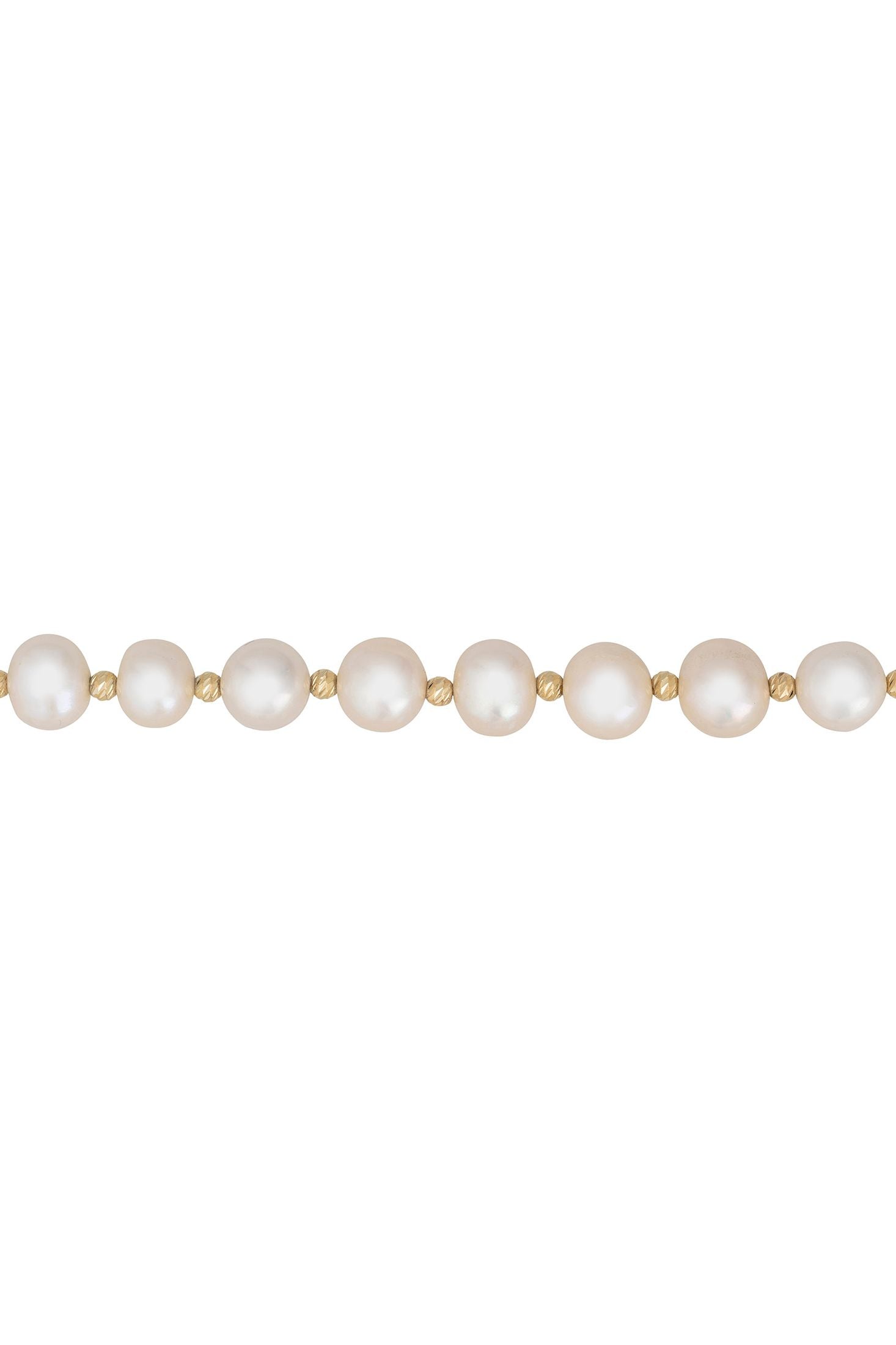 Angled view of Solid 14K Gold Classic Natural Pearl Bracelet, showing pearl detailing, gold finish and the jewellery profile.