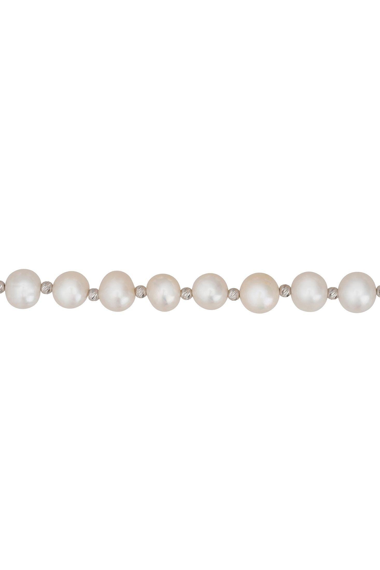 Angled view of Solid 14K White Gold Classic Natural Pearl Bracelet, showing pearl detailing, gold finish and the jewellery profile.