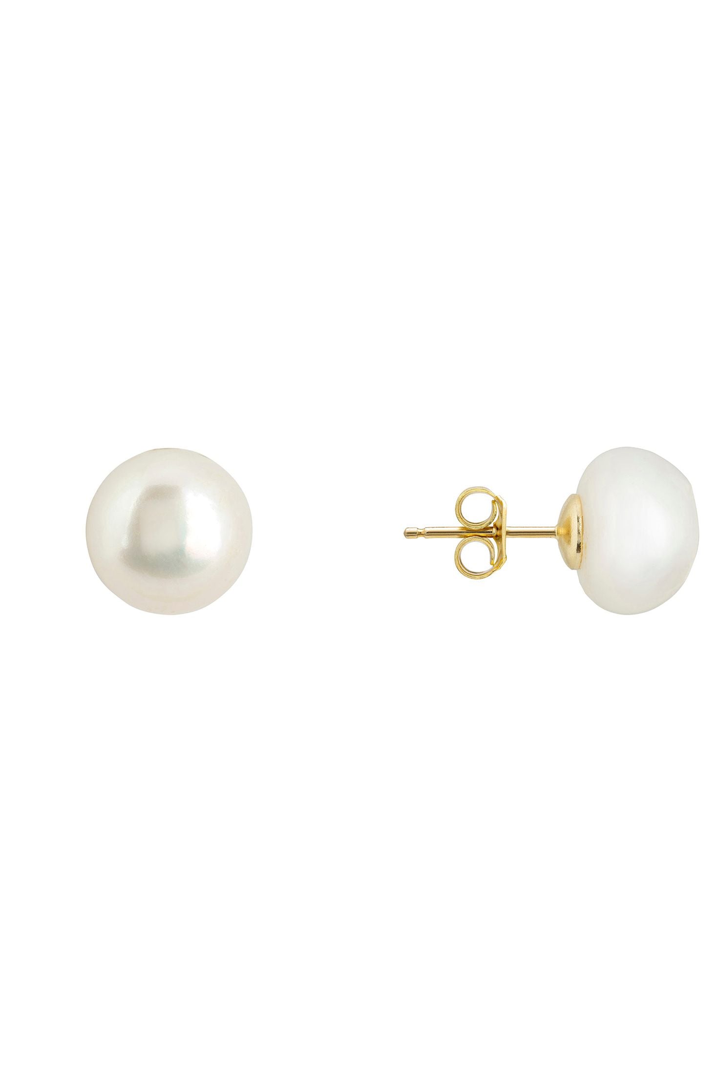 Angled view of Solid 14K Gold 11mm Classic Natural Pearl Stud Earrings, showing pearl detailing, gold finish and the jewellery profile.