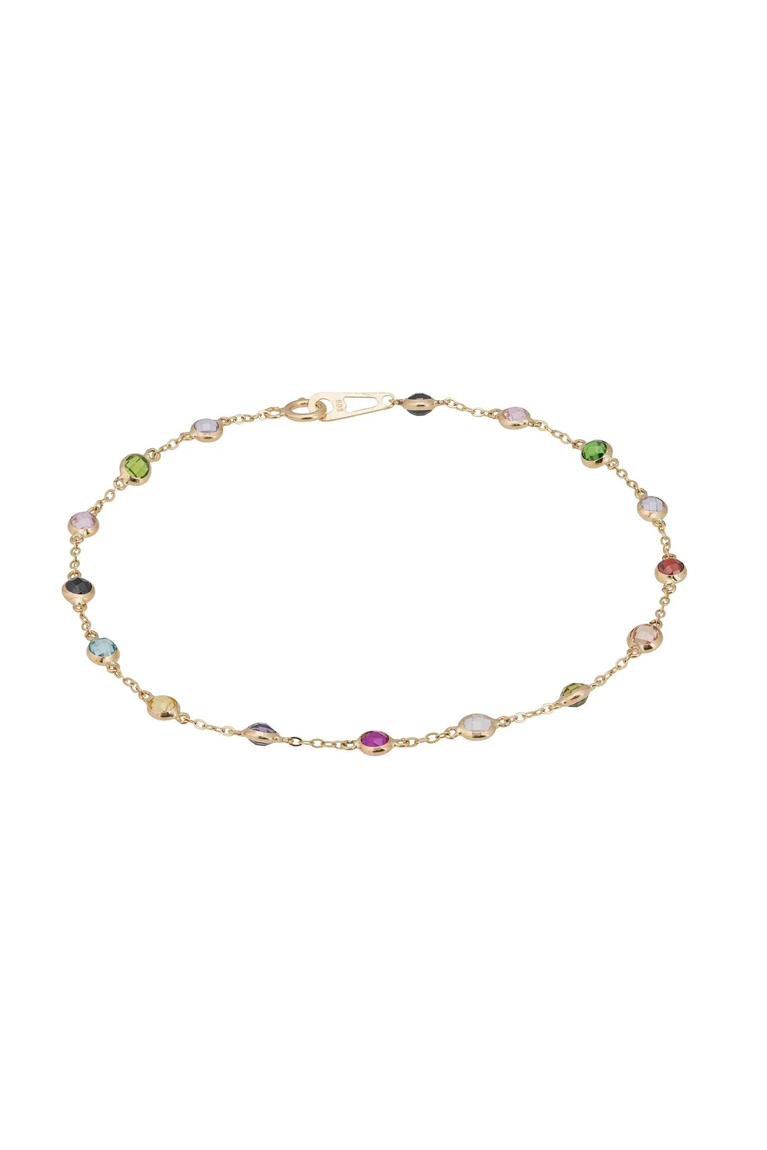 Pulsera de oro macizo de 14 quilates con múltiples piedras preciosas arcoíris