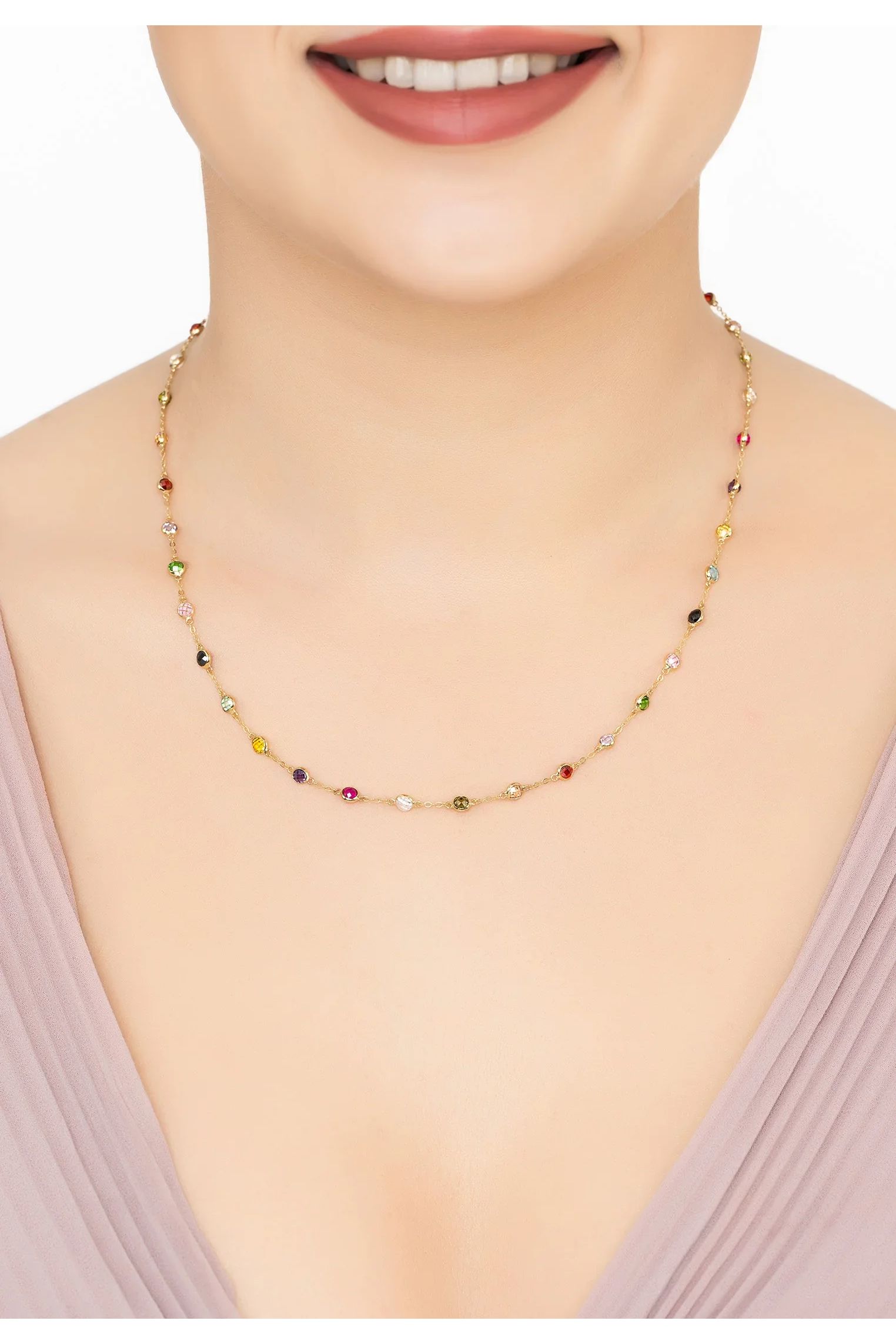 Massive 14 Karat Gold Regenbogen Multi Edelstein Halskette