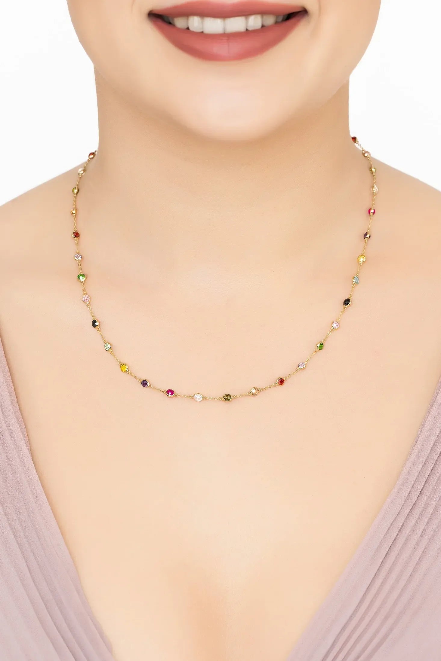 Solid 14K Gold Rainbow Multi Gemstone Necklace