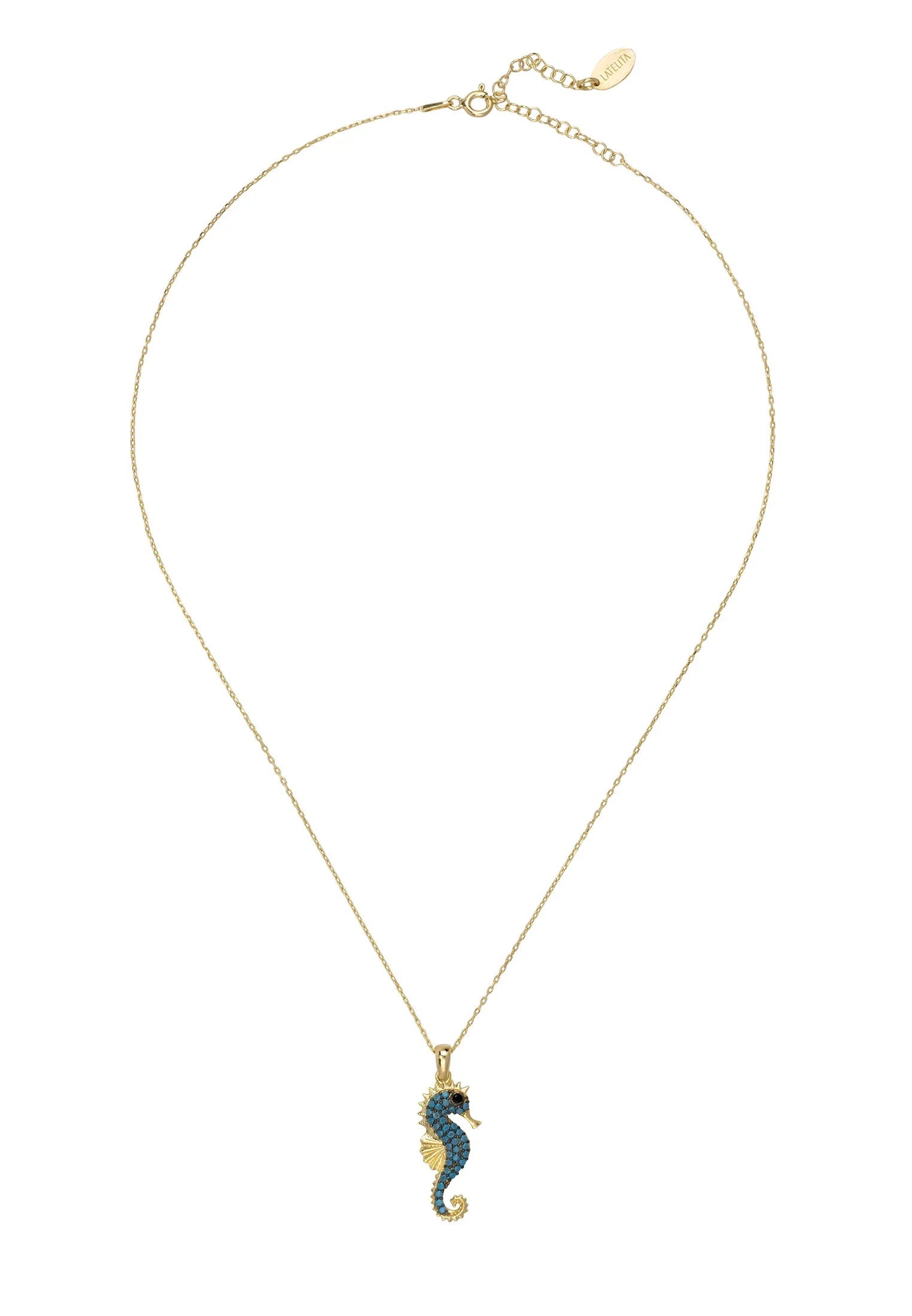 Turquoise and gold seahorse necklace.