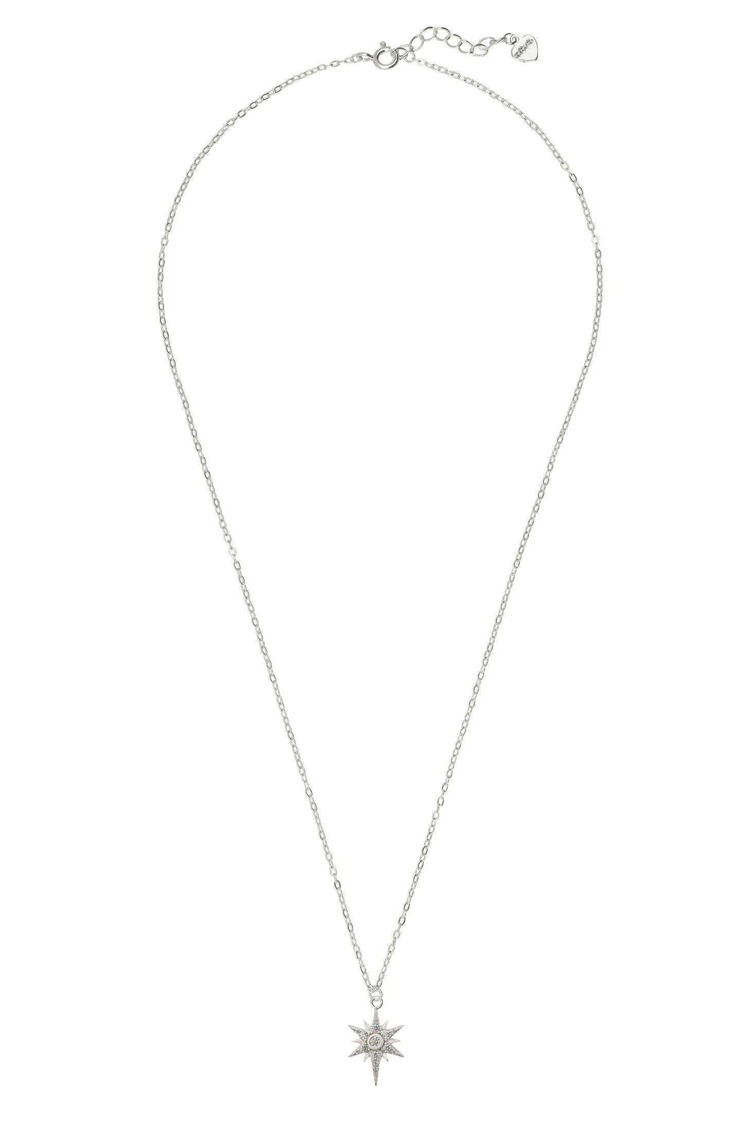 Angled view of Sunbeam Symphony Pendant Necklace Silver, showing sun design, silver finish and the jewellery profile.