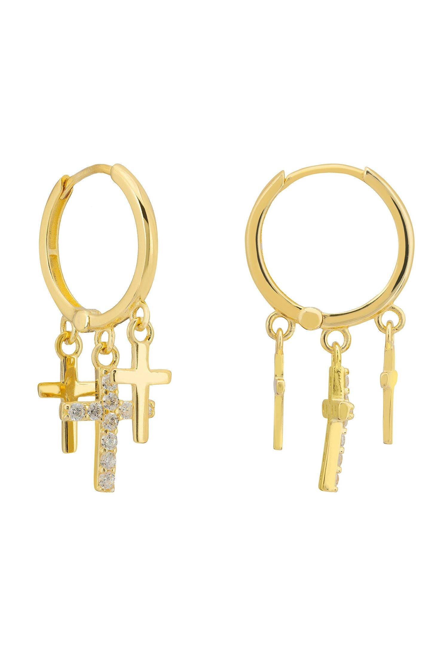 Angled view of Faith Triple Fashion Hoop Earrings Gold, showing gold finish and the jewellery profile.