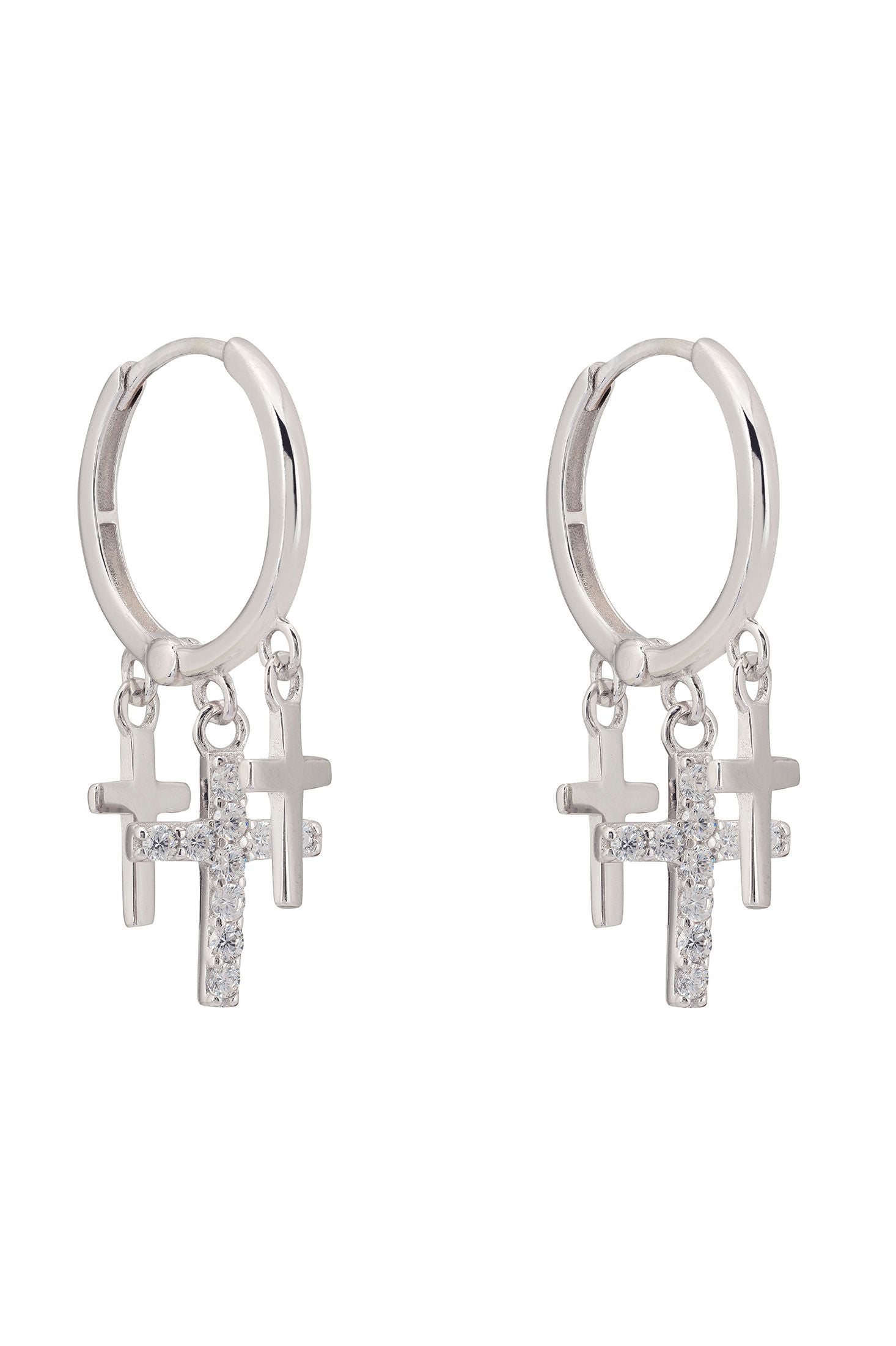 Front view of Faith Triple Fashion Hoop Earrings Silver, showing cross design, silver finish.