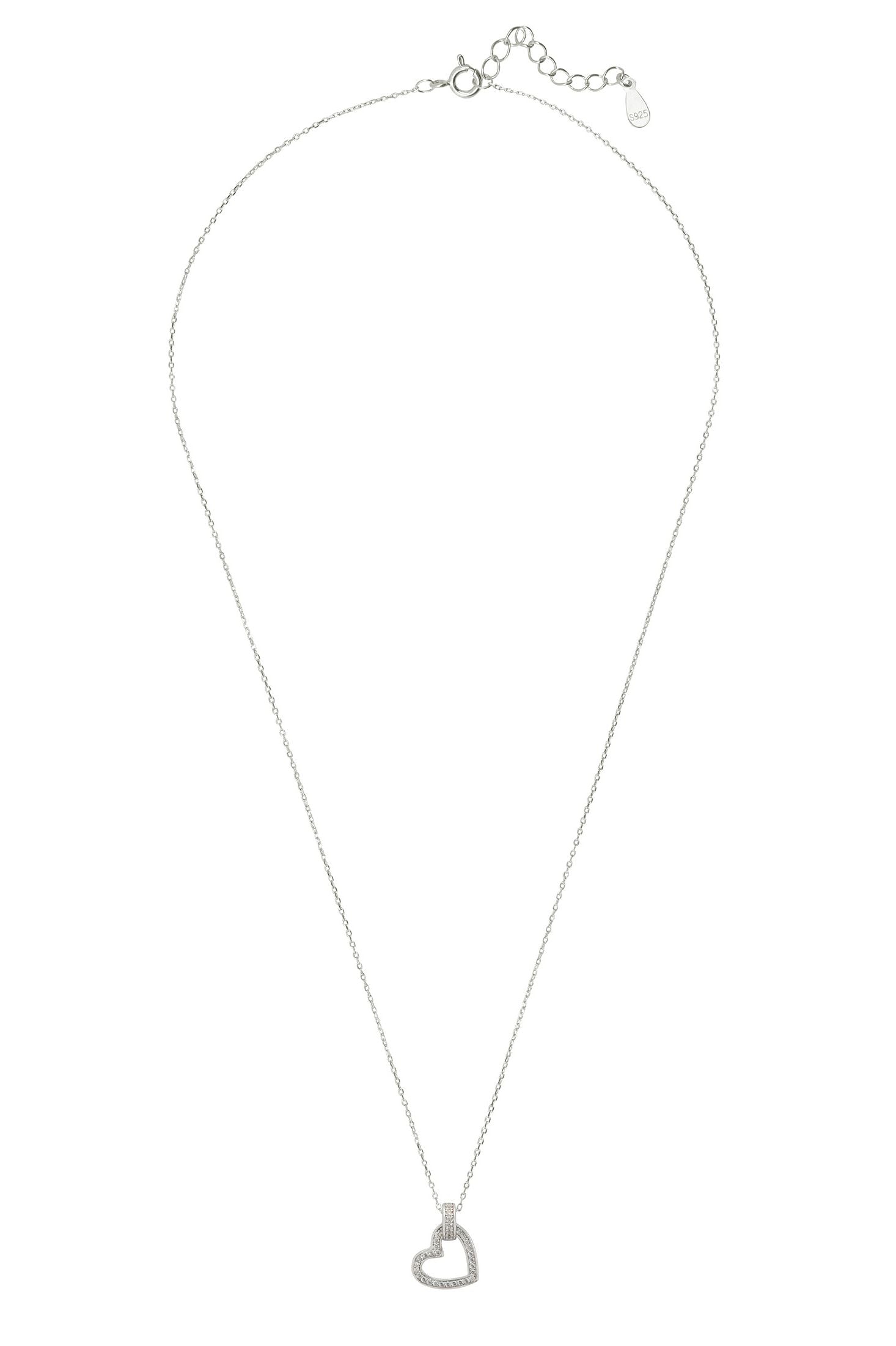 Angled view of Cherished Heart Pendant Necklace Silver, showing heart design, silver finish and the jewellery profile.