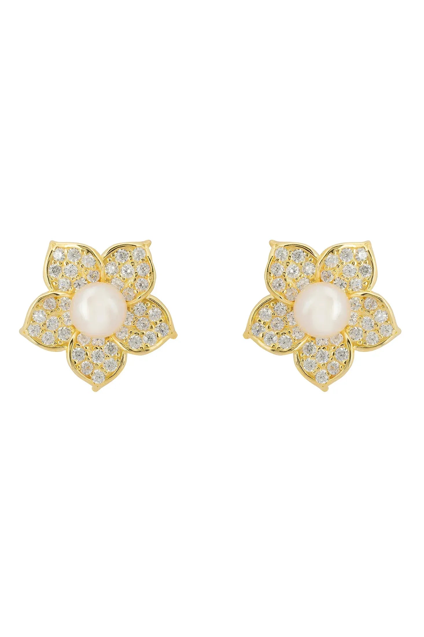 Front view of Forget Me Not Pearl Stud Earrings Gold, showing flower design, cubic zirconia and zirconia detailing, gold finish.