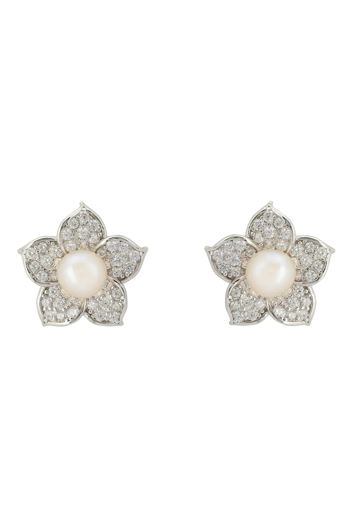Front view of Forget Me Not Pearl Stud Earrings Silver, showing floral design, cubic zirconia and zirconia detailing, silver finish.