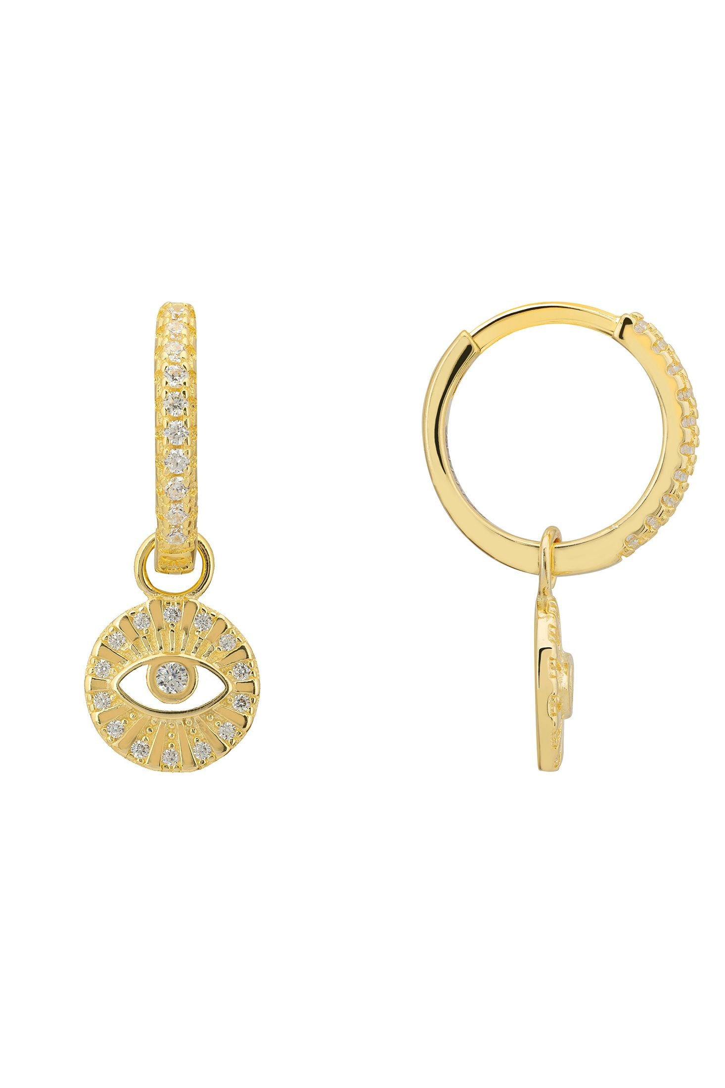 Angled view of Illuminati Evil Eye Huggie Hoop Earrings Gold, showing evil eye design, gold finish and the jewellery profile.