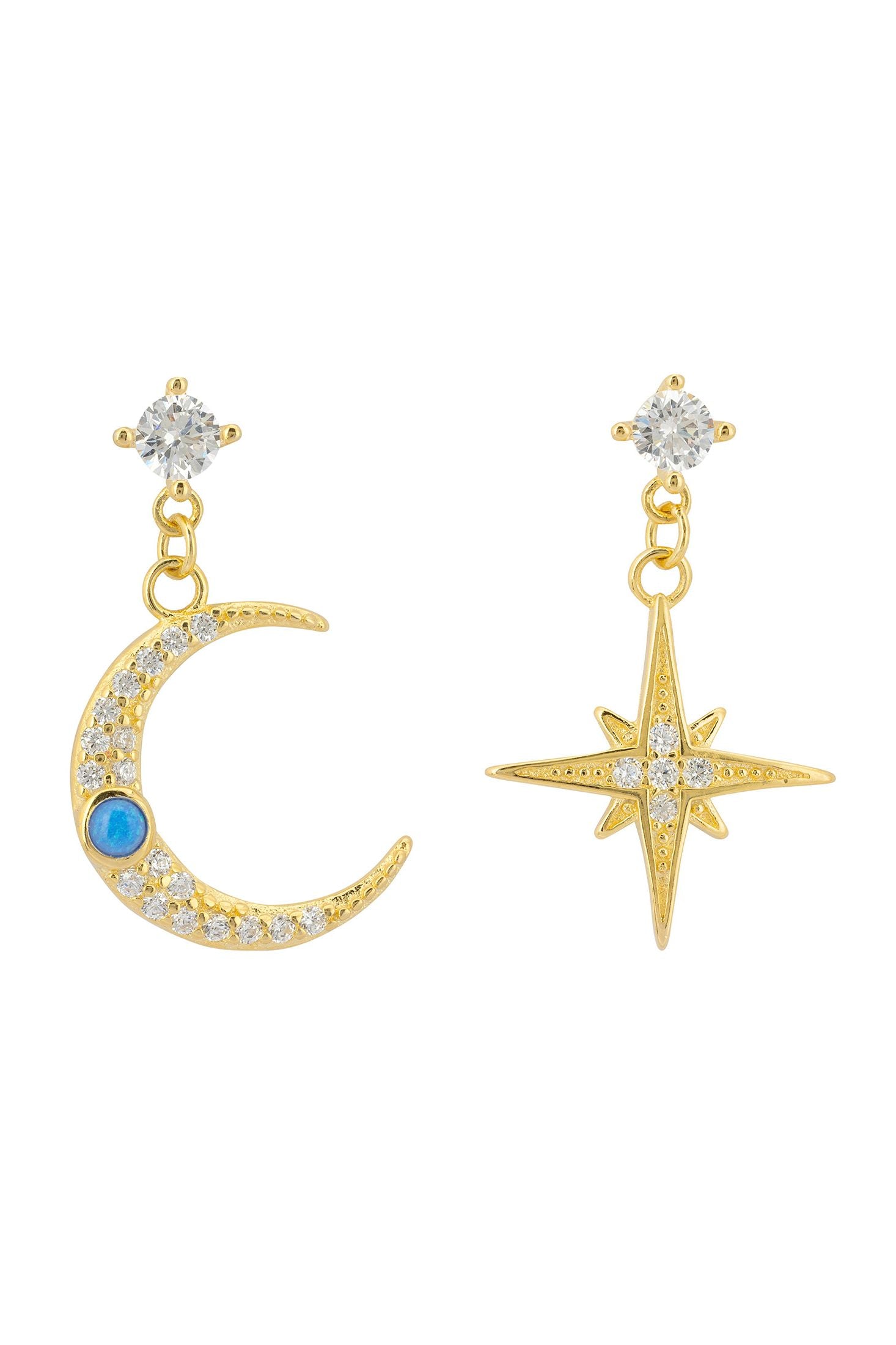 Front view of Andromeda Star And Moon Earrings Gold, showing star design, cubic zirconia and zirconia detailing, gold finish.