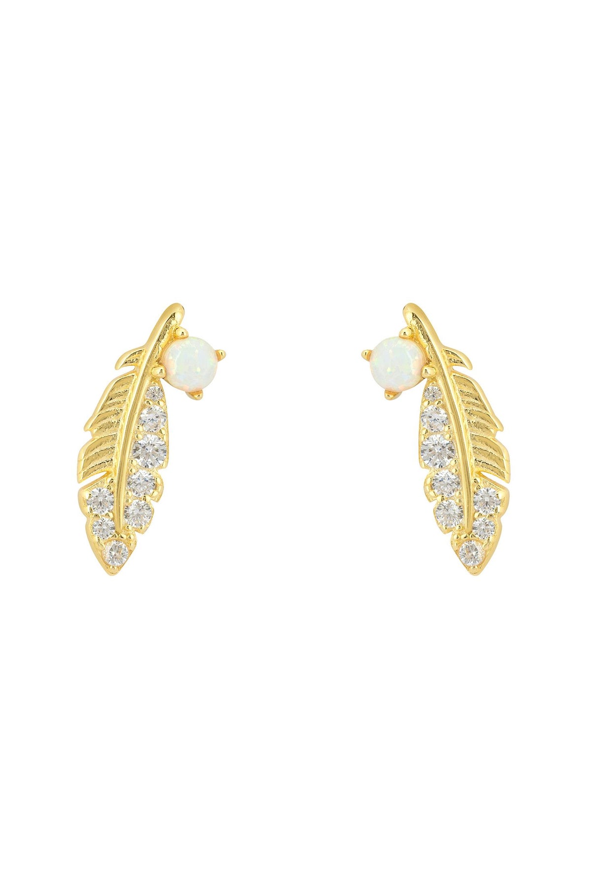 Front view of Opal Leaf Stud Earrings Gold, showing leaf design, cubic zirconia and zirconia detailing, gold finish.
