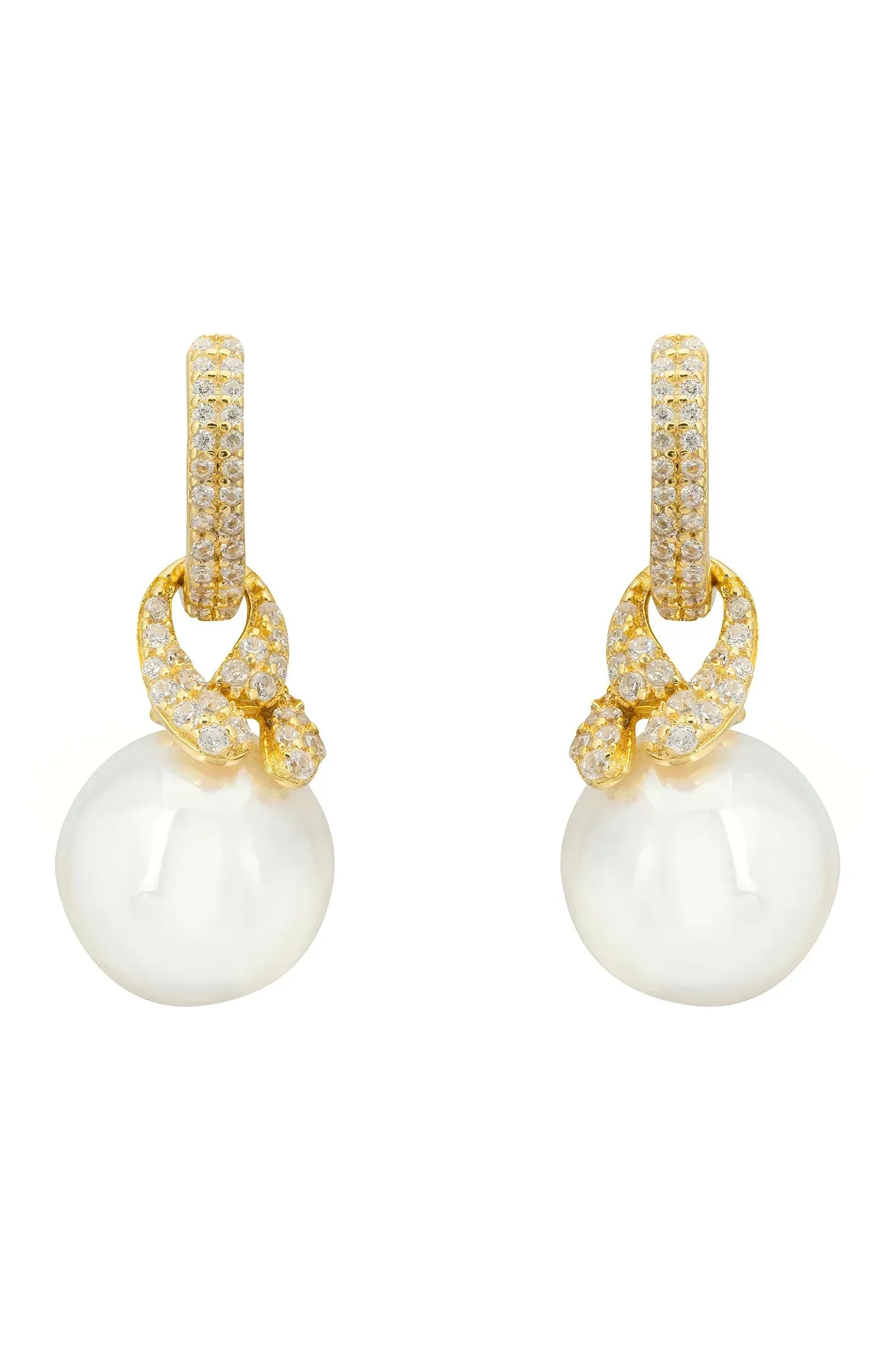 Front view of Tie The Knot Drop Pearl Earrings Gold, showing cat design, cubic zirconia and zirconia detailing, gold finish.