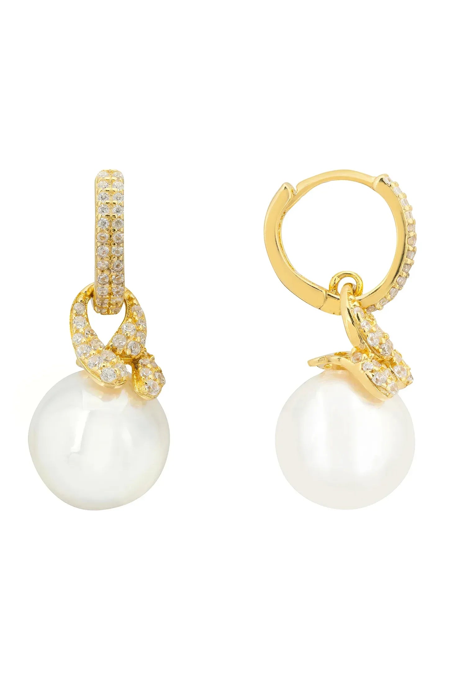 Angled view of Tie The Knot Drop Pearl Earrings Gold, showing pearl detailing, gold finish and the jewellery profile.
