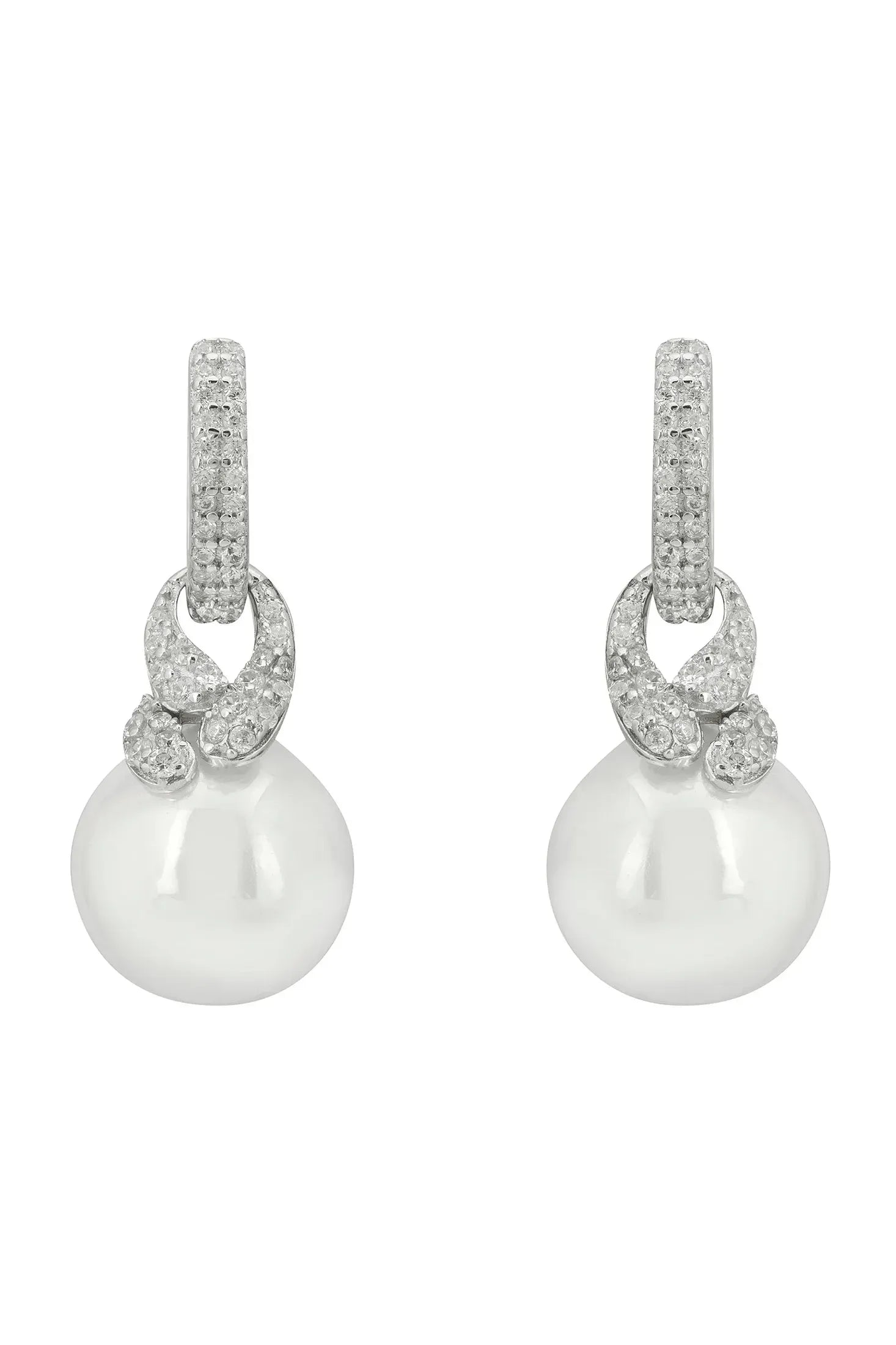 Front view of Tie The Knot Drop Pearl Earrings Silver, showing cat design, cubic zirconia and zirconia detailing, silver finish.