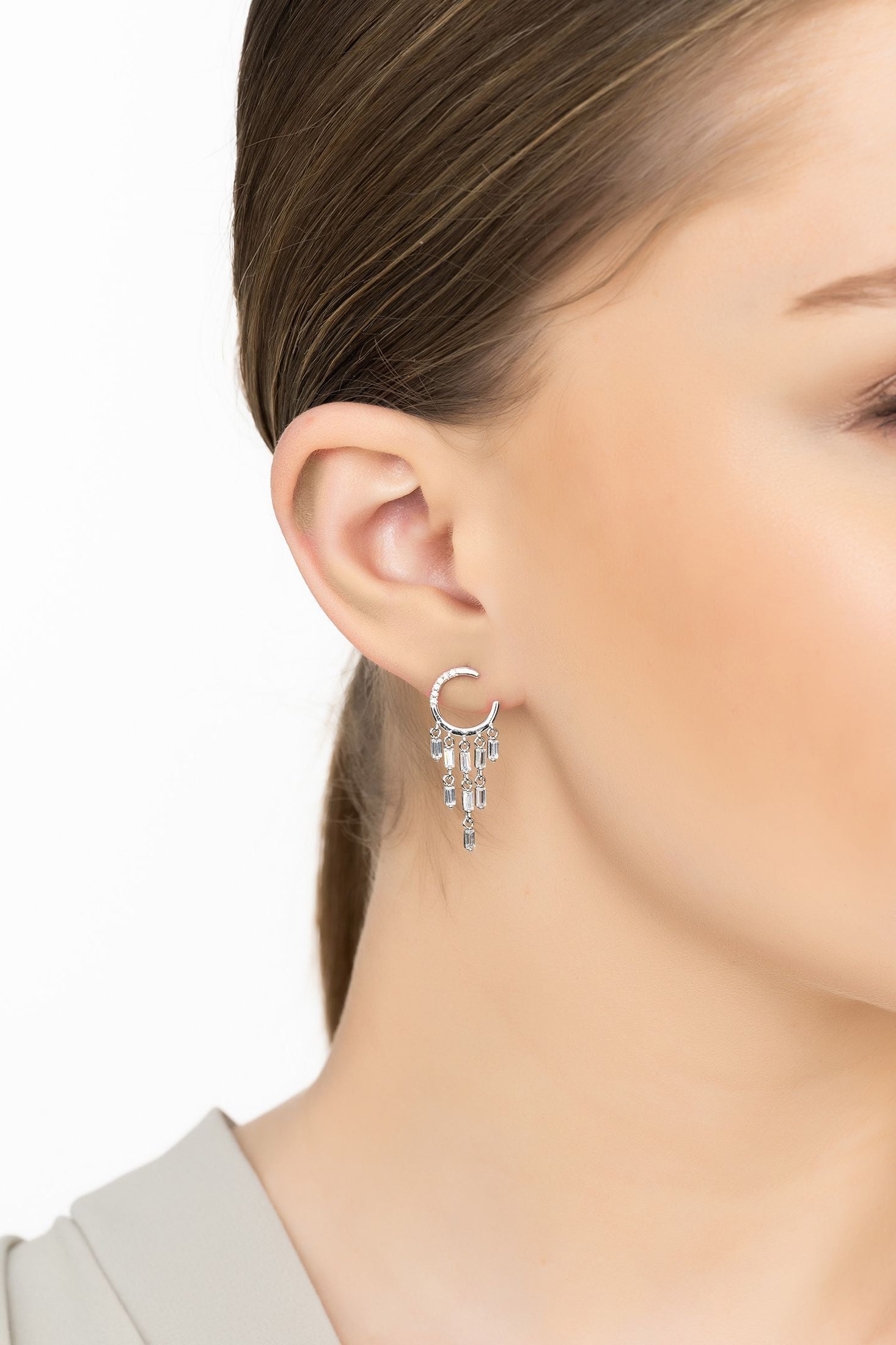 Angled view of Waterfall Cascade Drop Earrings Silver, showing silver finish and the jewellery profile.